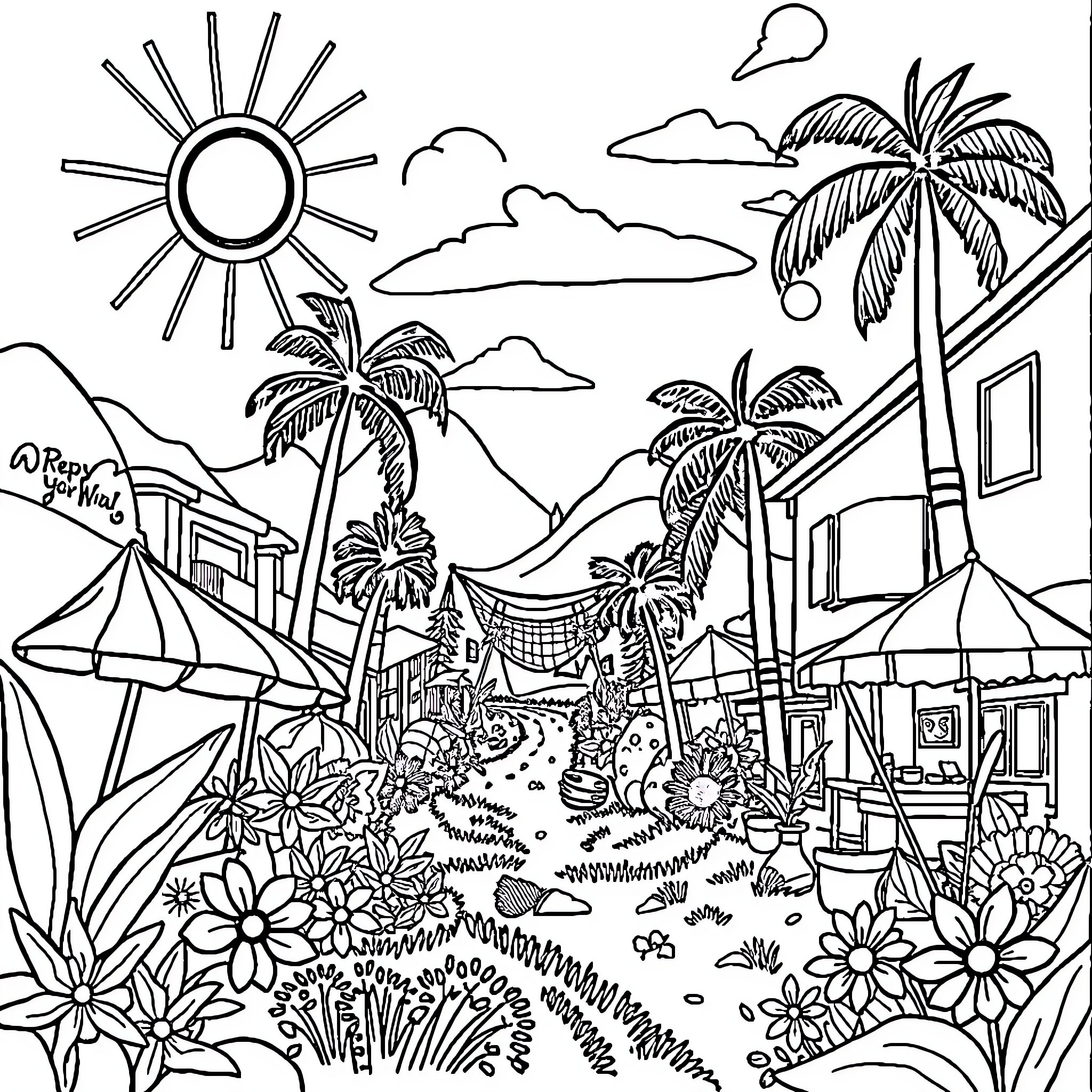 Vibrant Tropical Beach Scene with Palms and Flowers Coloring Page (free black-and-white line drawing printable PDF for all, from beginners to advanced learners, including children, teens, adults, and seniors)