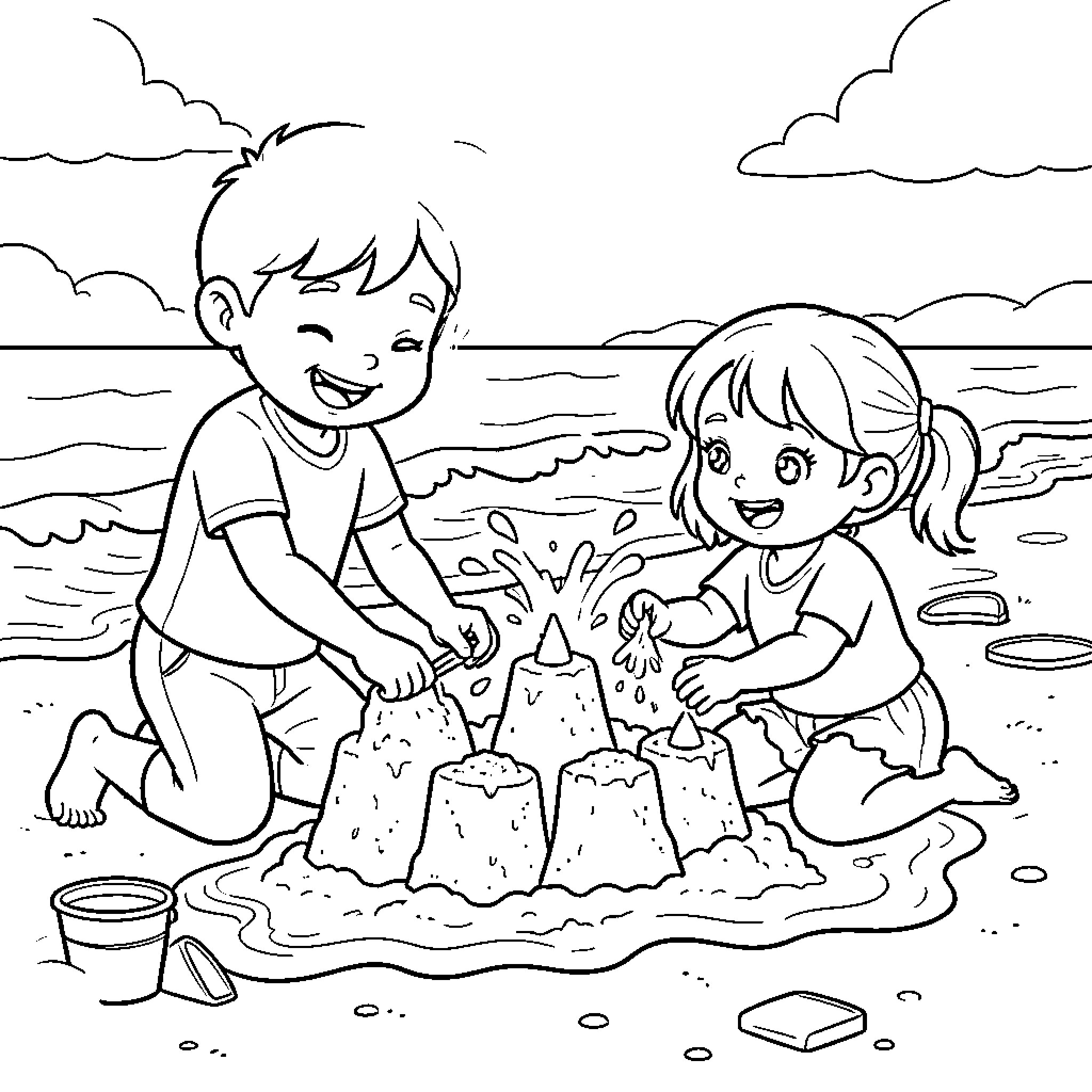 Child building sandcastles together on a beach Coloring Page (free black-and-white line drawing printable PDF for all, from beginners to advanced learners, including children, teens, adults, and seniors)