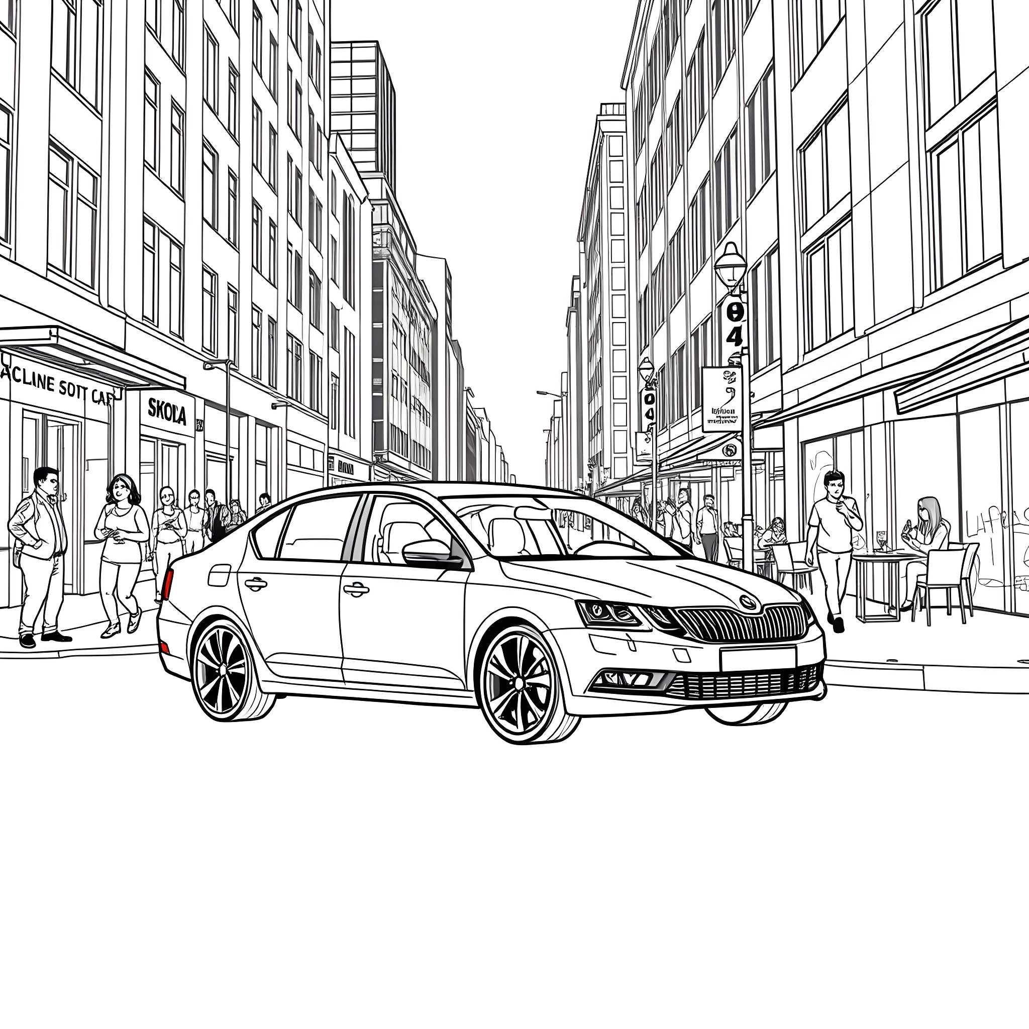 Skoda car in busy city street with pedestrians Coloring Page (free black-and-white line drawing printable PDF for all, from beginners to advanced learners, including children, teens, adults, and seniors)