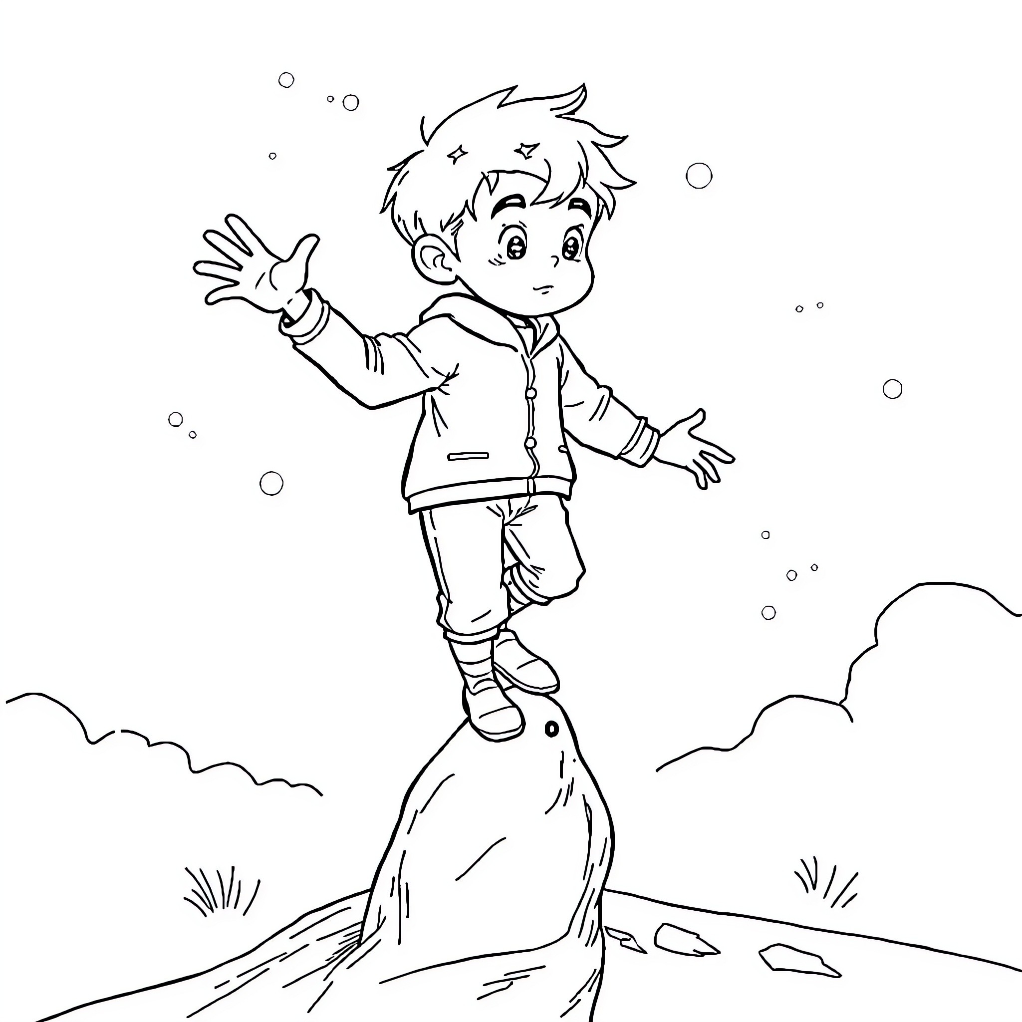 Simon enjoying an outdoor adventure Coloring Page (free black-and-white line drawing printable PDF for all, from beginners to advanced learners, including children, teens, adults, and seniors)