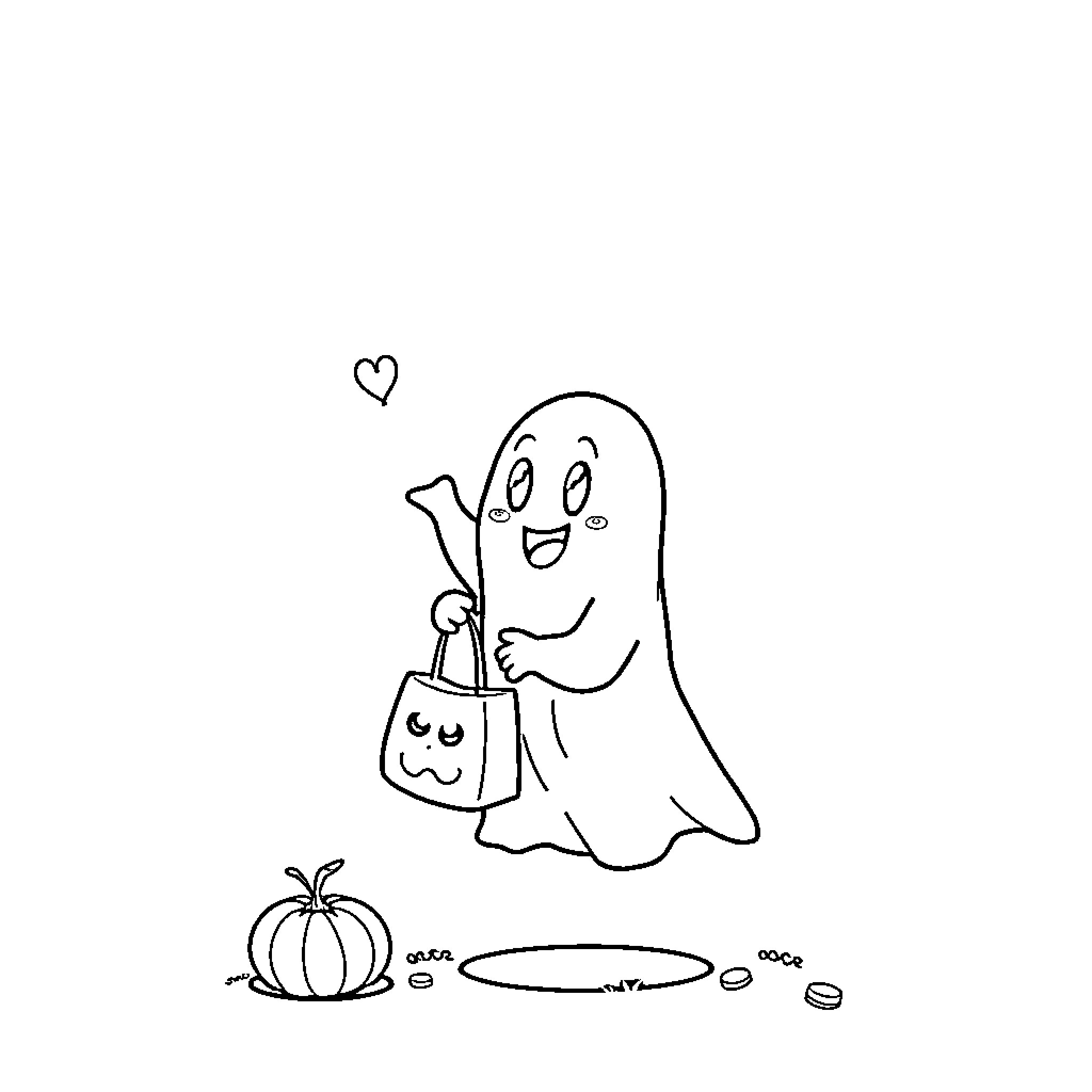 Ghost happily carrying trick-or-treat bag Coloring Page (free black-and-white line drawing printable PDF for all, from beginners to advanced learners, including children, teens, adults, and seniors)