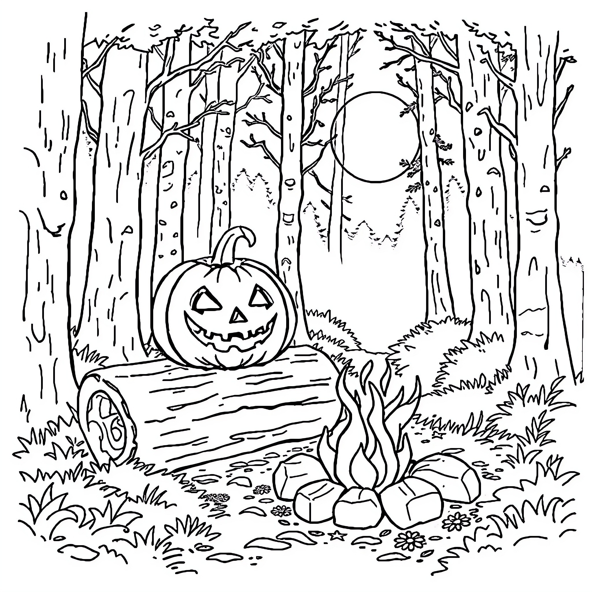Jack-o'-lantern by the campfire in the spooky forest Coloring Page (free black-and-white line drawing printable PDF for all, from beginners to advanced learners, including children, teens, adults, and seniors)