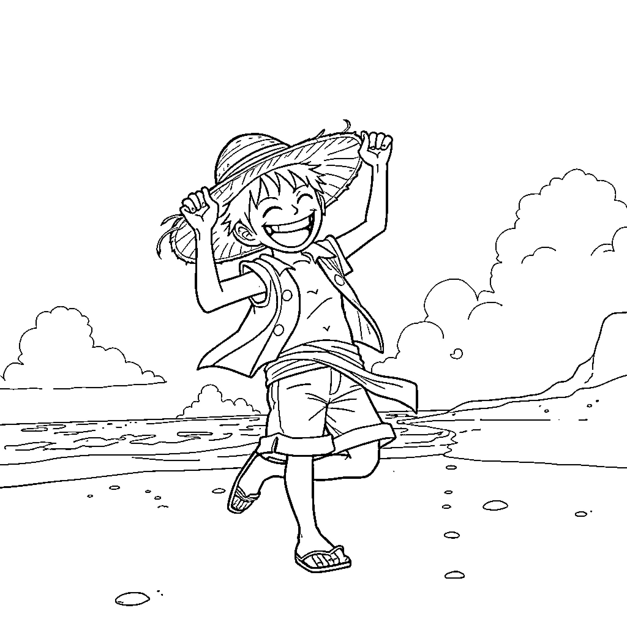Luffy enthusiastically celebrates on the beach Coloring Page (free black-and-white line drawing printable PDF for all, from beginners to advanced learners, including children, teens, adults, and seniors)
