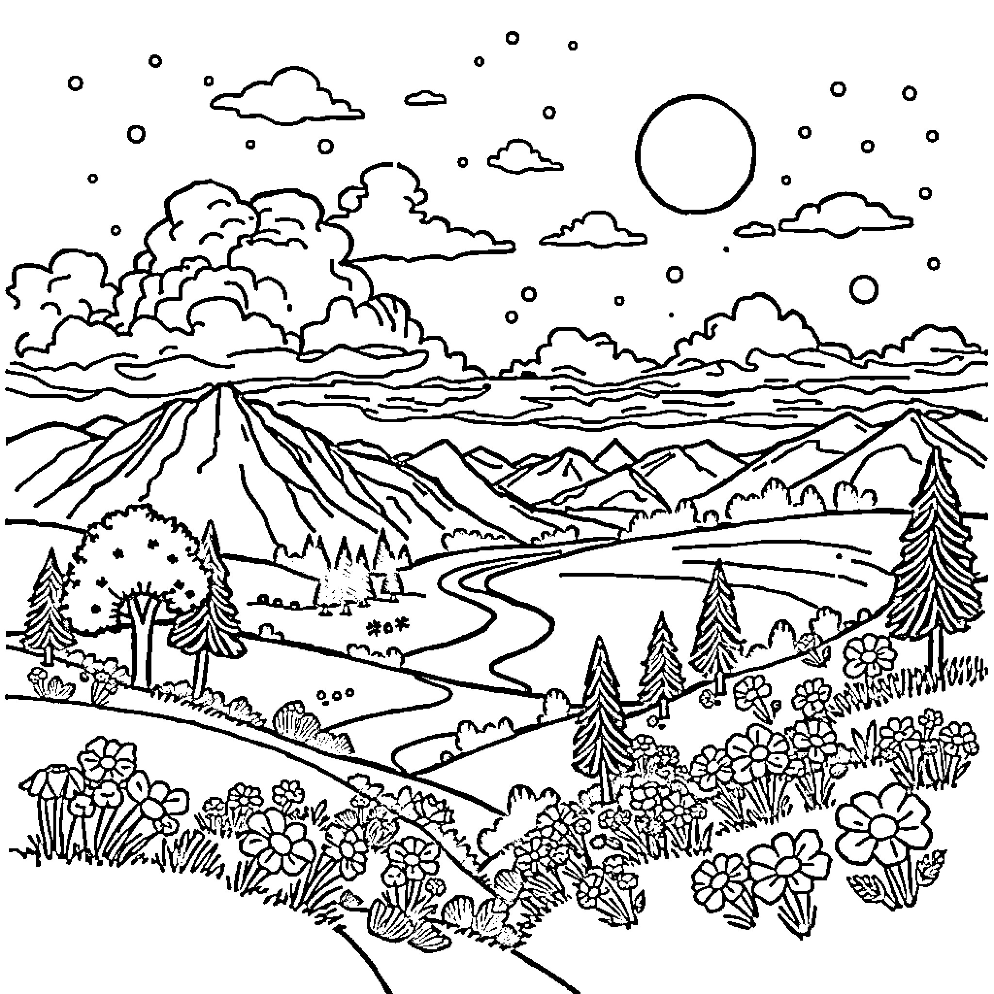 World of Serene Landscapes and Wondrous Nature Coloring Page (free black-and-white line drawing printable PDF for all, from beginners to advanced learners, including children, teens, adults, and seniors)