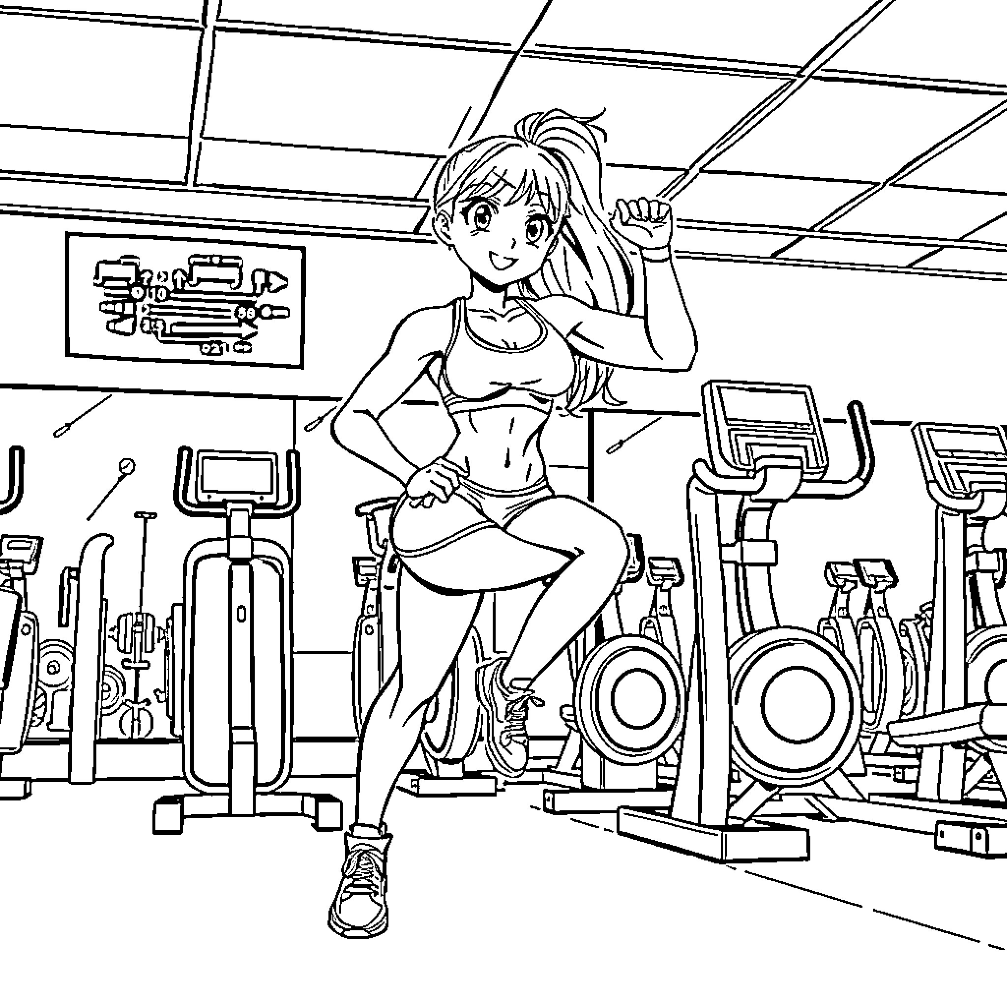 Anime Girl Working Out in the Gym Coloring Page (free black-and-white line drawing printable PDF for all, from beginners to advanced learners, including children, teens, adults, and seniors)
