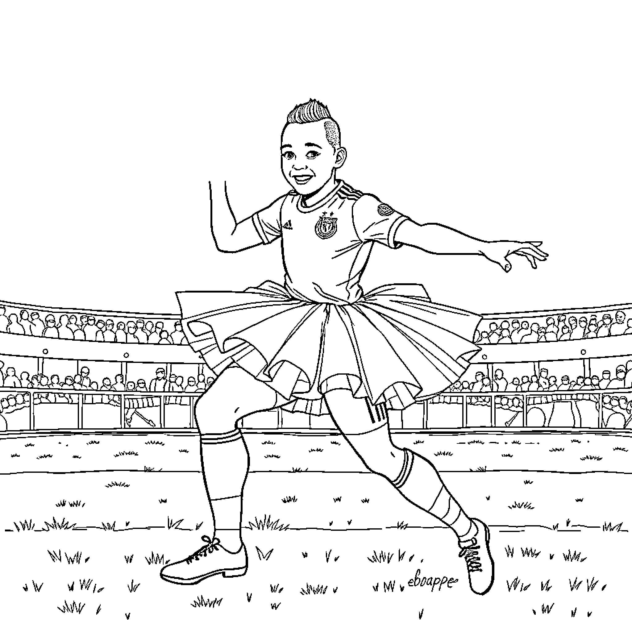 Mbappe's Dynamic Football Celebration Coloring Page (free black-and-white line drawing printable PDF for all, from beginners to advanced learners, including children, teens, adults, and seniors)