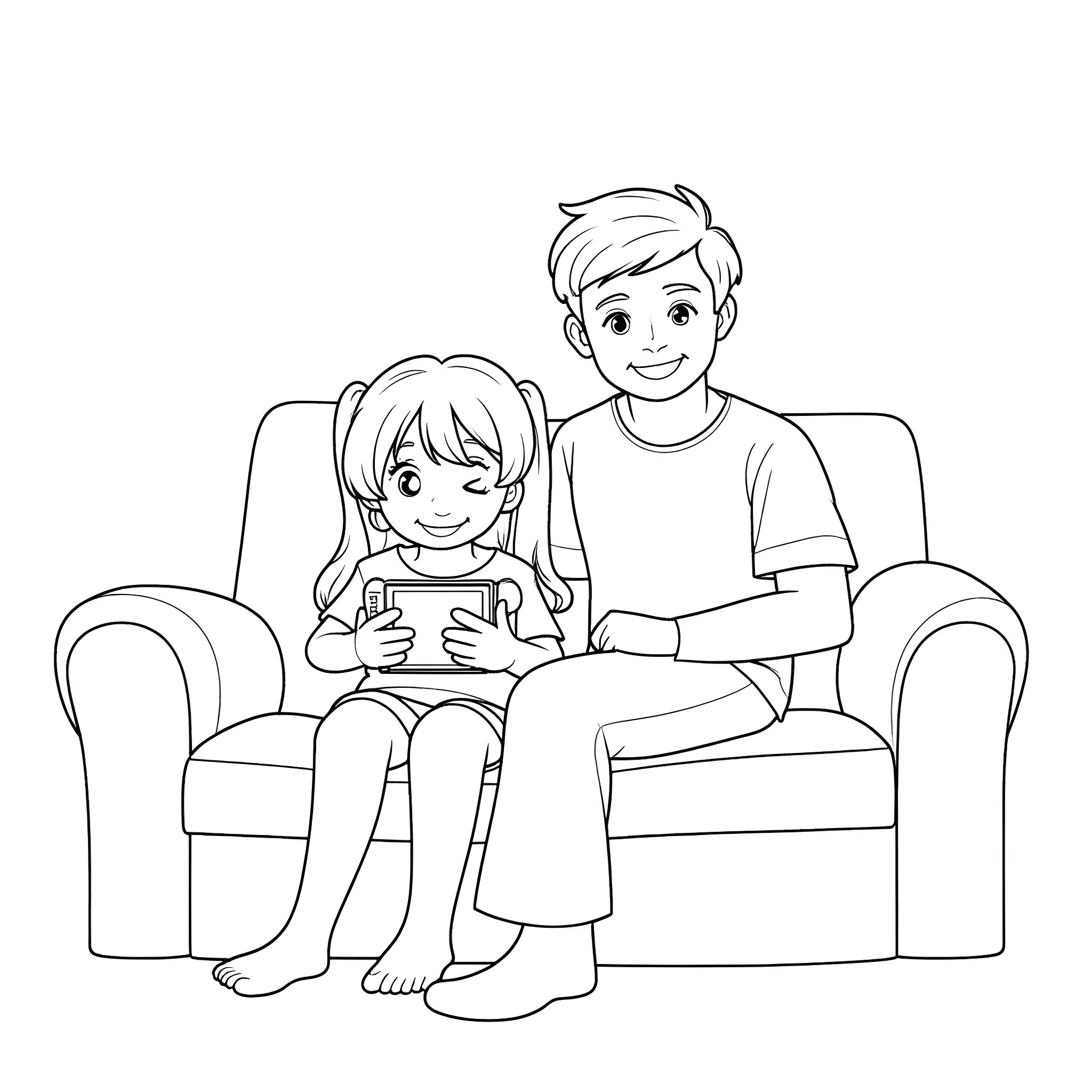 Man and young girl playing video game on sofa Coloring Page (free black-and-white line drawing printable PDF for all, from beginners to advanced learners, including children, teens, adults, and seniors)
