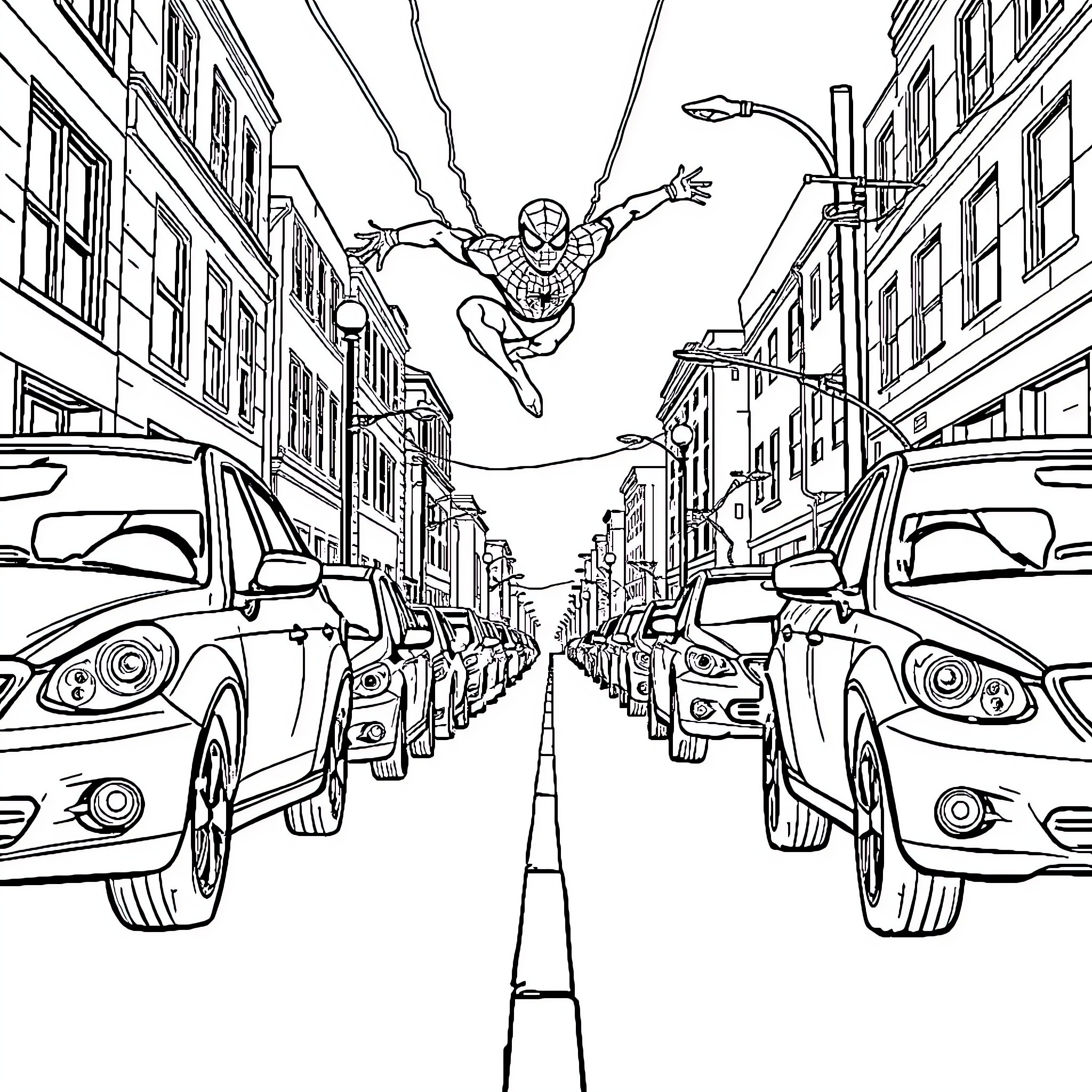 Car Superhero Swinging Through City Traffic Coloring Page (free black-and-white line drawing printable PDF for all, from beginners to advanced learners, including children, teens, adults, and seniors)