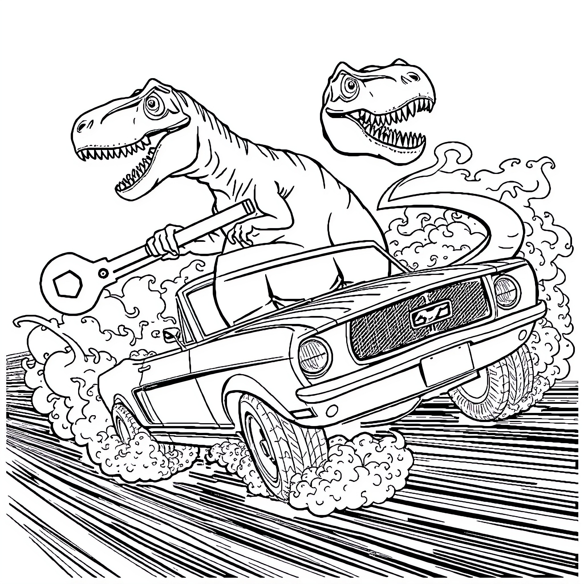 T-Rex chasing car on a rocky road Coloring Page (free black-and-white line drawing printable PDF for all, from beginners to advanced learners, including children, teens, adults, and seniors)