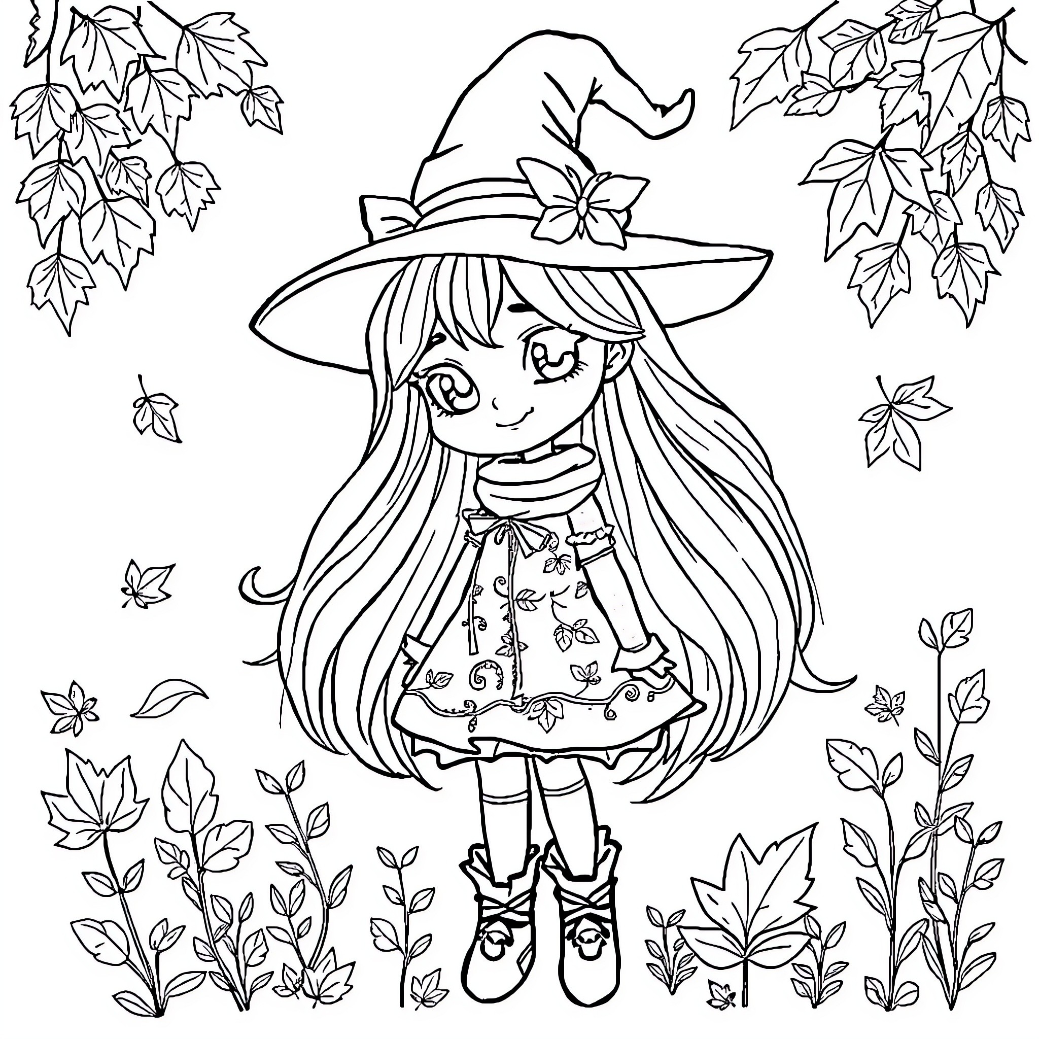Witch in an enchanting autumn forest Coloring Page (free black-and-white line drawing printable PDF for all, from beginners to advanced learners, including children, teens, adults, and seniors)