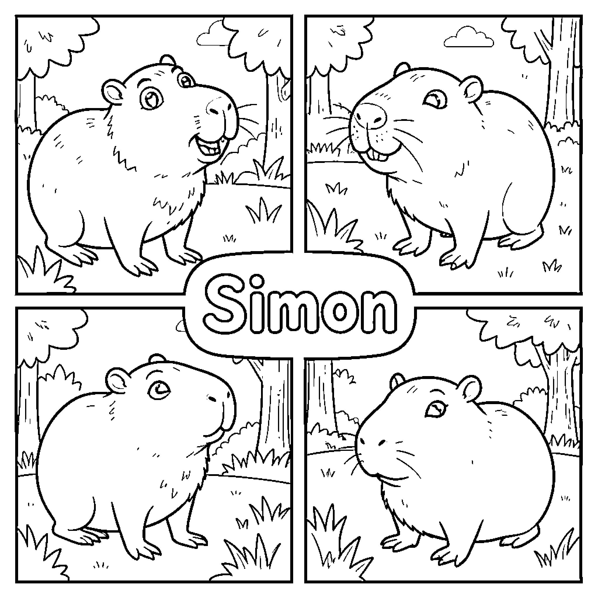 Capybara displaying various happy facial expressions in nature Coloring Page (free black-and-white line drawing printable PDF for all, from beginners to advanced learners, including children, teens, adults, and seniors)