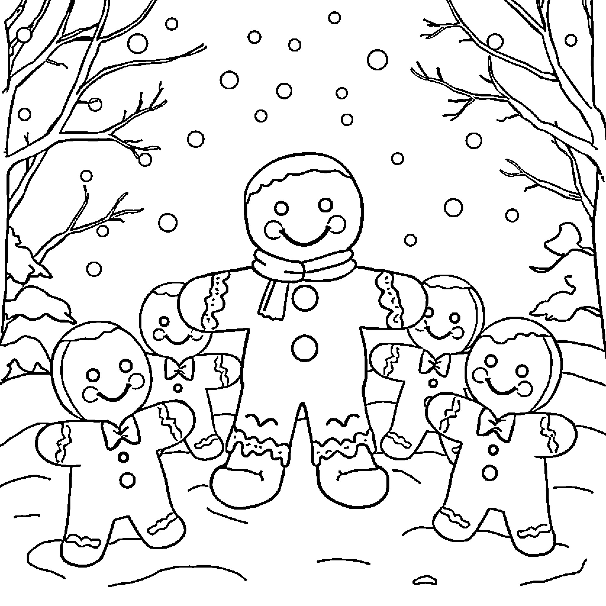 Gingerbread Man playing with friends in the winter wonderland Coloring Page (free black-and-white line drawing printable PDF for all, from beginners to advanced learners, including children, teens, adults, and seniors)