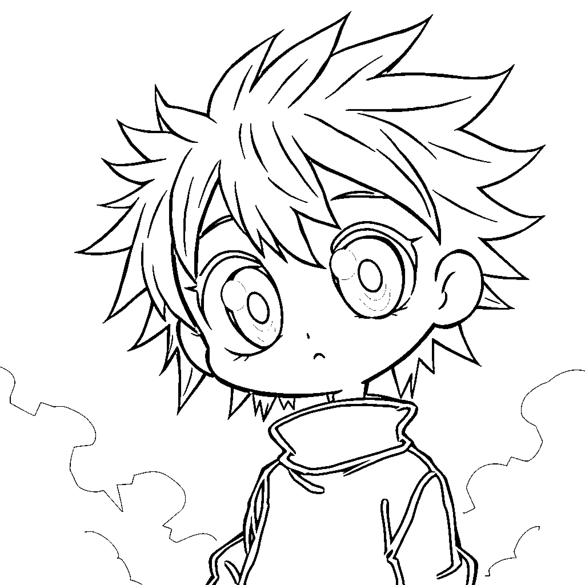 Anime Character with expressive eyes and spiky hair Coloring Page (free black-and-white line drawing printable PDF for all, from beginners to advanced learners, including children, teens, adults, and seniors)