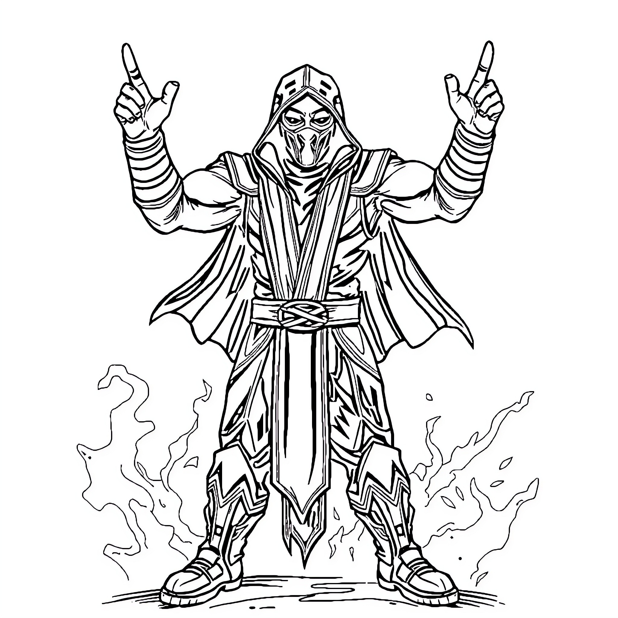 Rain of Darkness - Powerful Warrior in Ominous Attire Coloring Page (free black-and-white line drawing printable PDF for all, from beginners to advanced learners, including children, teens, adults, and seniors)