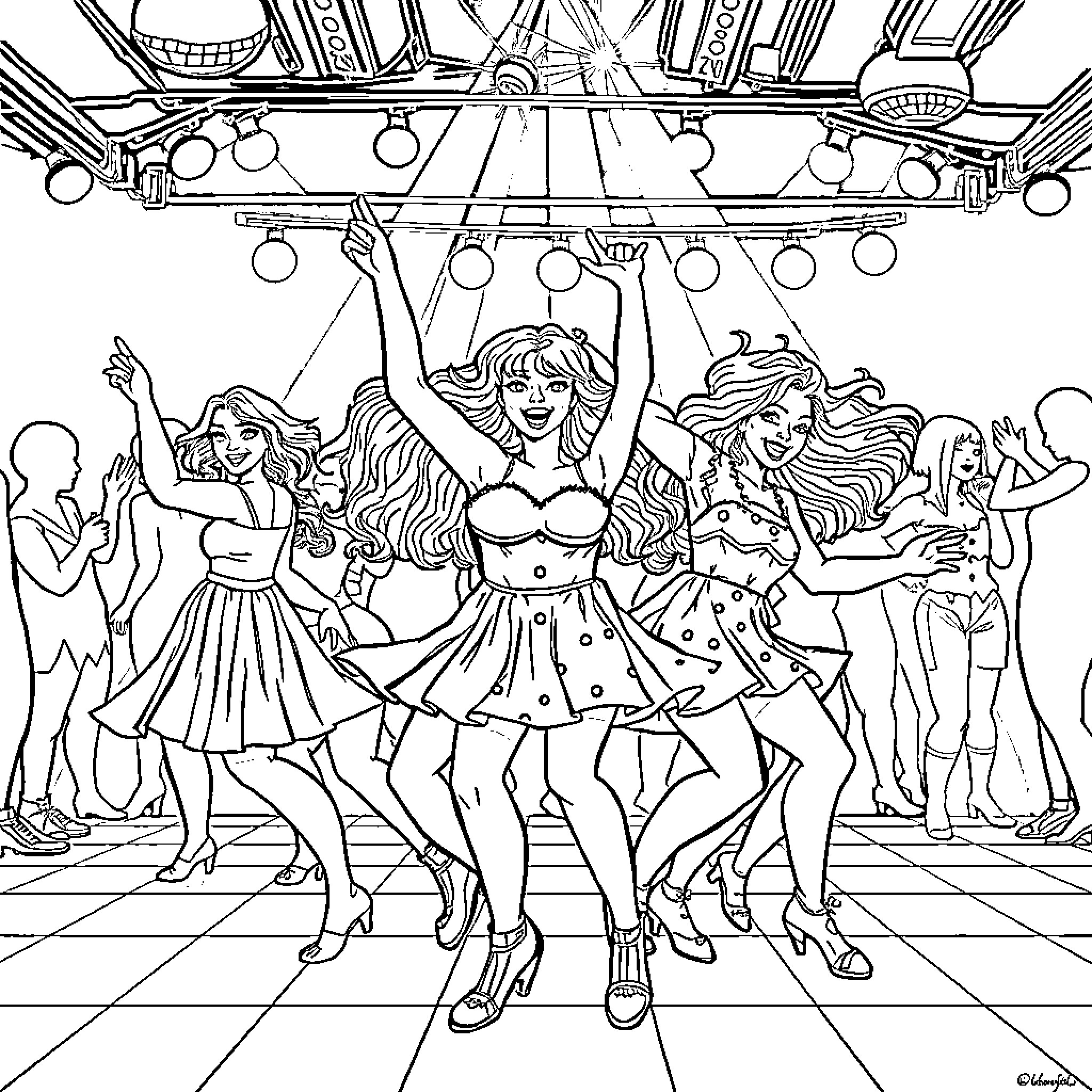 Huntrix Dancing on Stage with Friends Coloring Page (free black-and-white line drawing printable PDF for all, from beginners to advanced learners, including children, teens, adults, and seniors)
