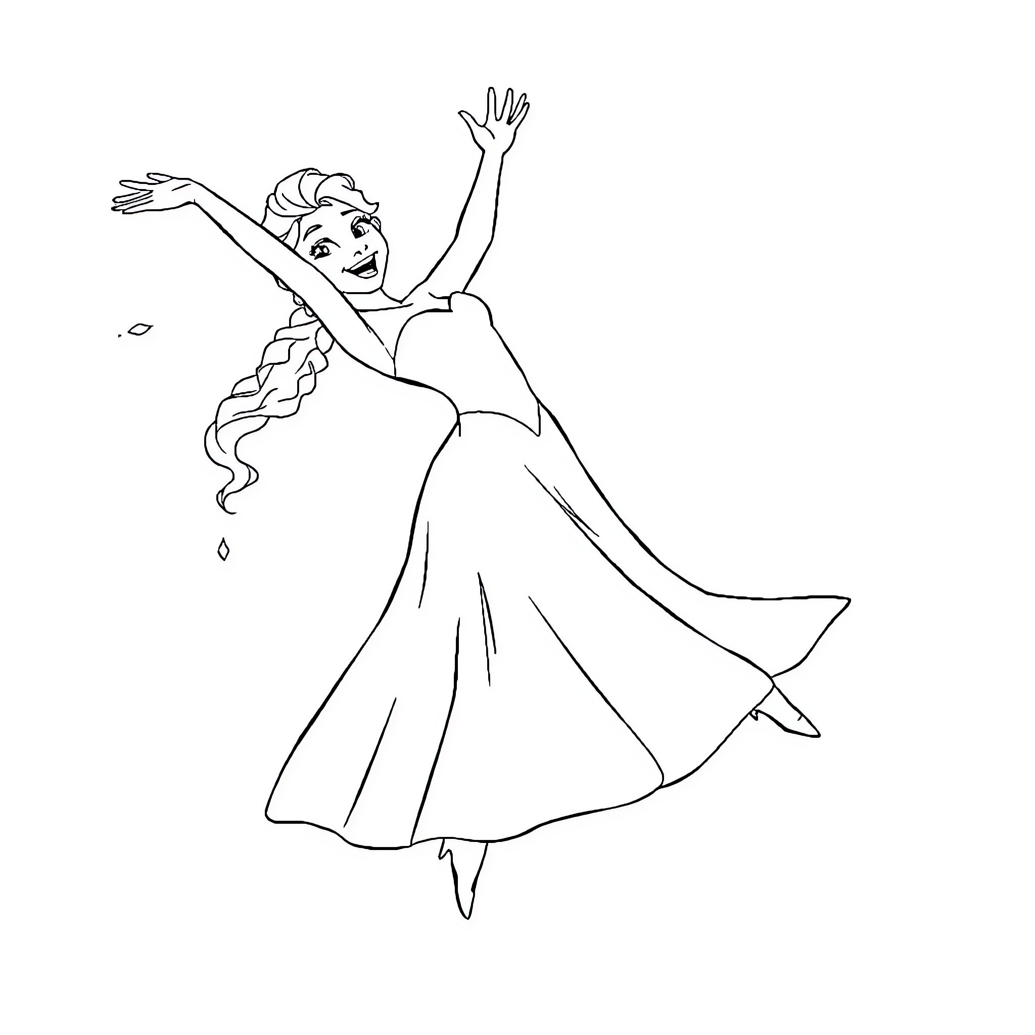 Elsa gracefully dancing in a flowing dress Coloring Page (free black-and-white line drawing printable PDF for all, from beginners to advanced learners, including children, teens, adults, and seniors)