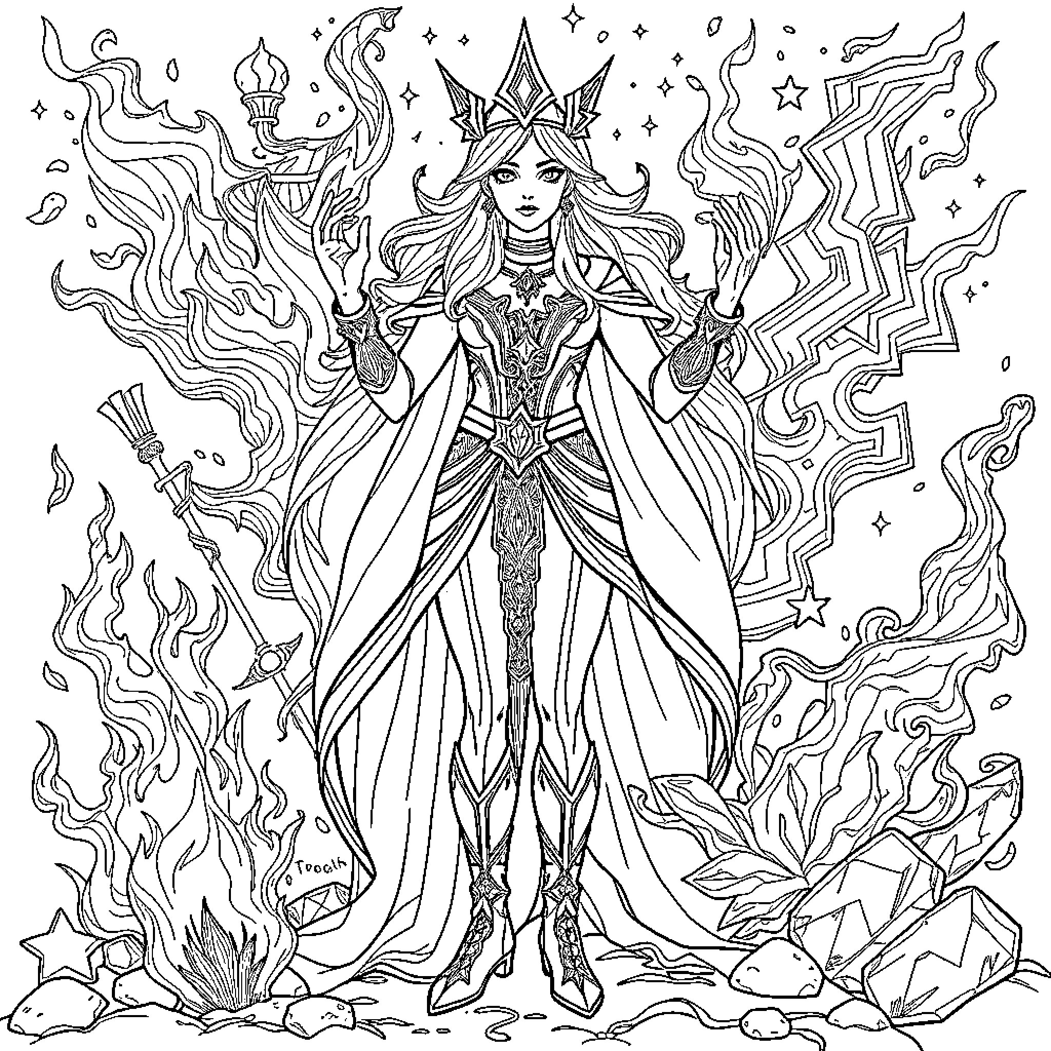 Elementalist Lux: Majestic Sorcery and Ethereal Attire Coloring Page (free black-and-white line drawing printable PDF for all, from beginners to advanced learners, including children, teens, adults, and seniors)