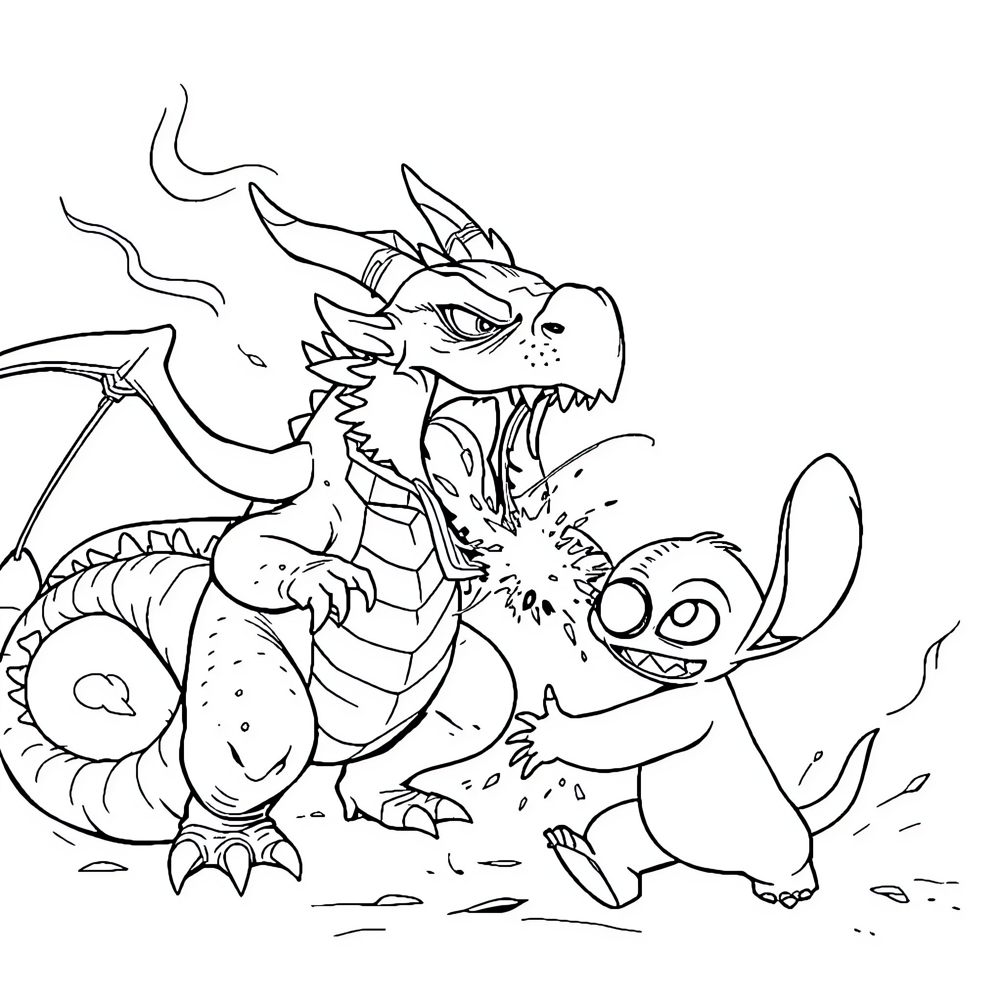 Dracaufeu battling with Stitch Coloring Page (free black-and-white line drawing printable PDF for all, from beginners to advanced learners, including children, teens, adults, and seniors)