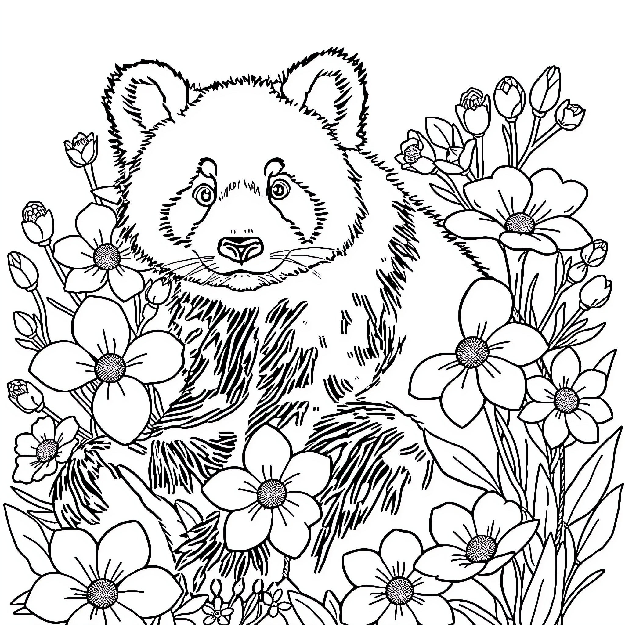 Panda surrounded by vibrant flowers Coloring Page (free black-and-white line drawing printable PDF for all, from beginners to advanced learners, including children, teens, adults, and seniors)