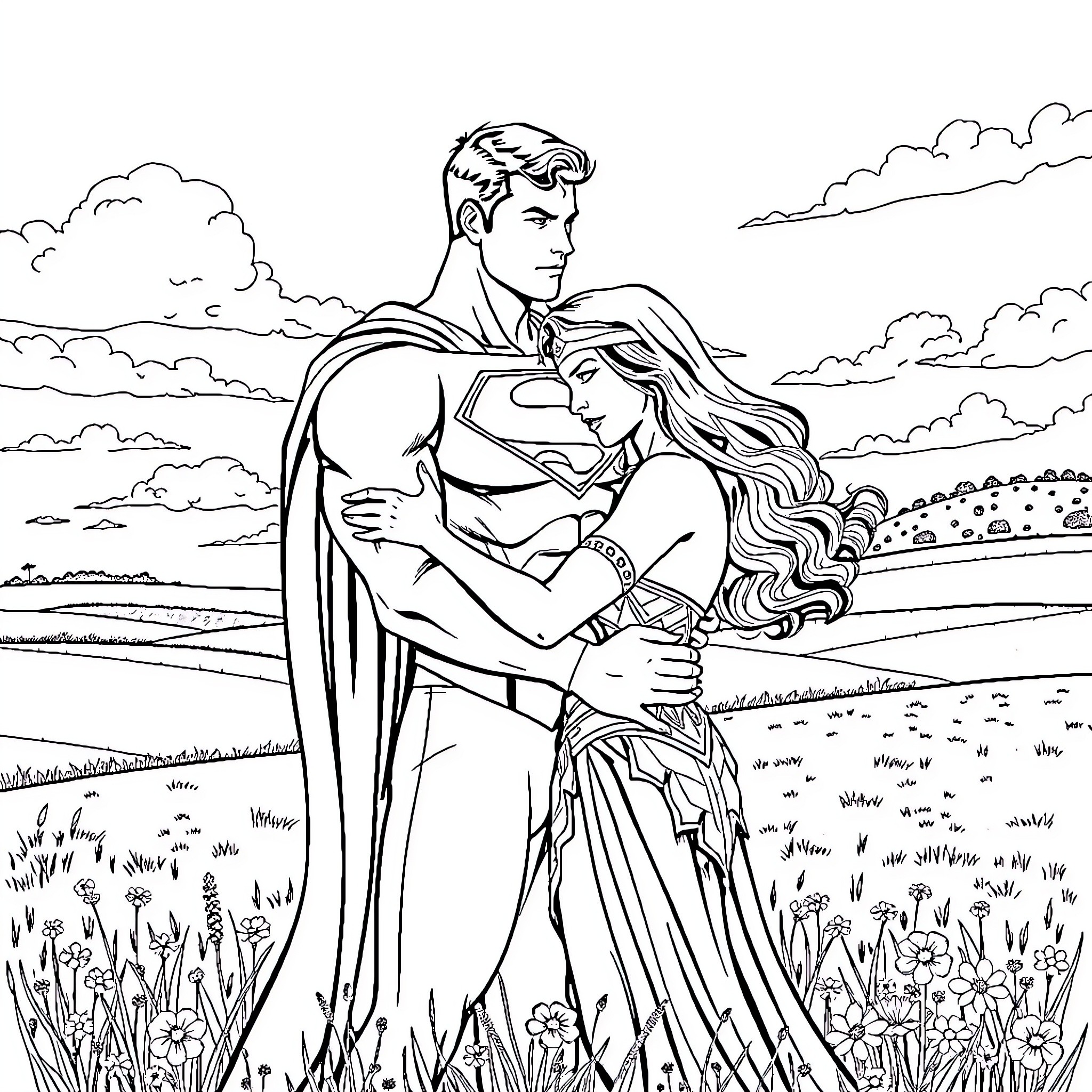 Superman embracing a woman in a romantic field Coloring Page (free black-and-white line drawing printable PDF for all, from beginners to advanced learners, including children, teens, adults, and seniors)
