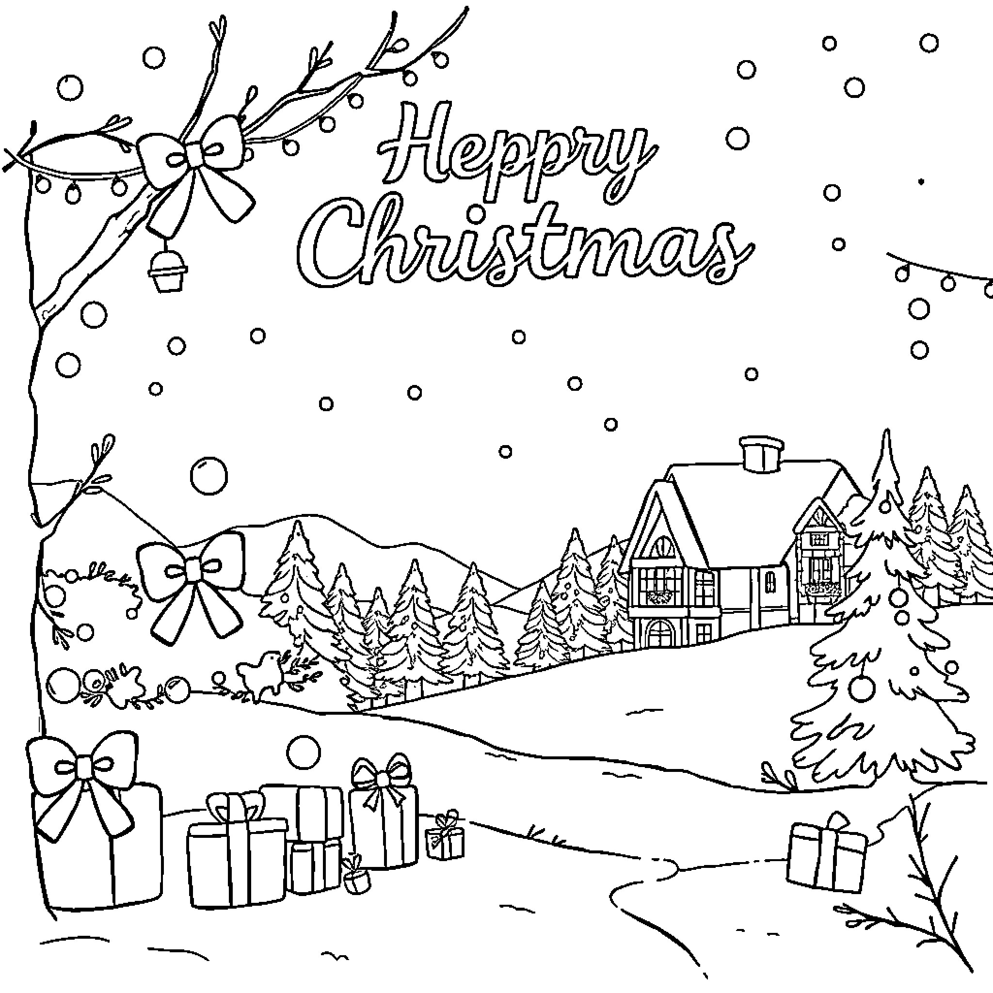 Christmas Card with Snowy Landscape and Holiday Decor Coloring Page (free black-and-white line drawing printable PDF for all, from beginners to advanced learners, including children, teens, adults, and seniors)