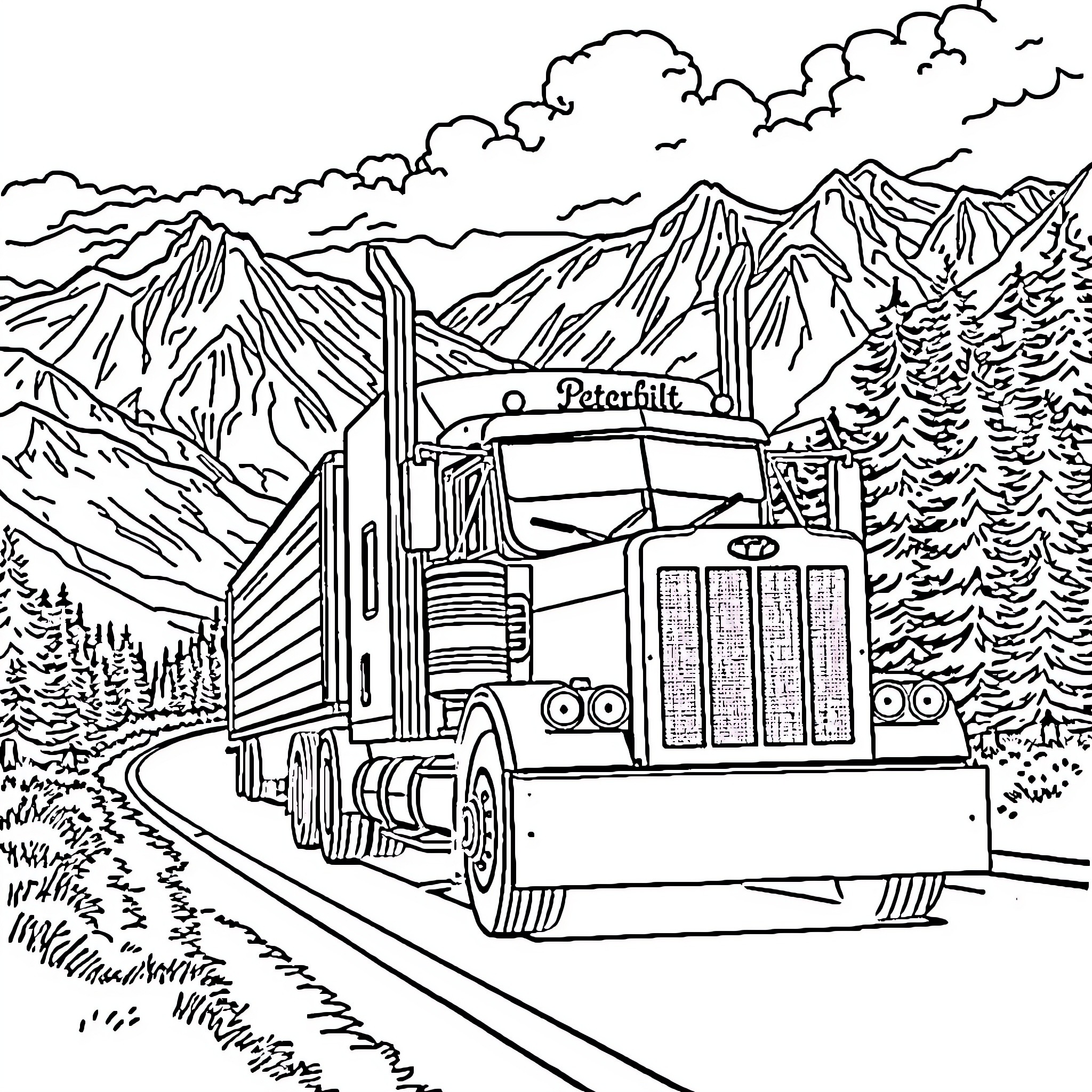 Peterbilt truck traversing scenic mountain landscape Coloring Page (free black-and-white line drawing printable PDF for all, from beginners to advanced learners, including children, teens, adults, and seniors)