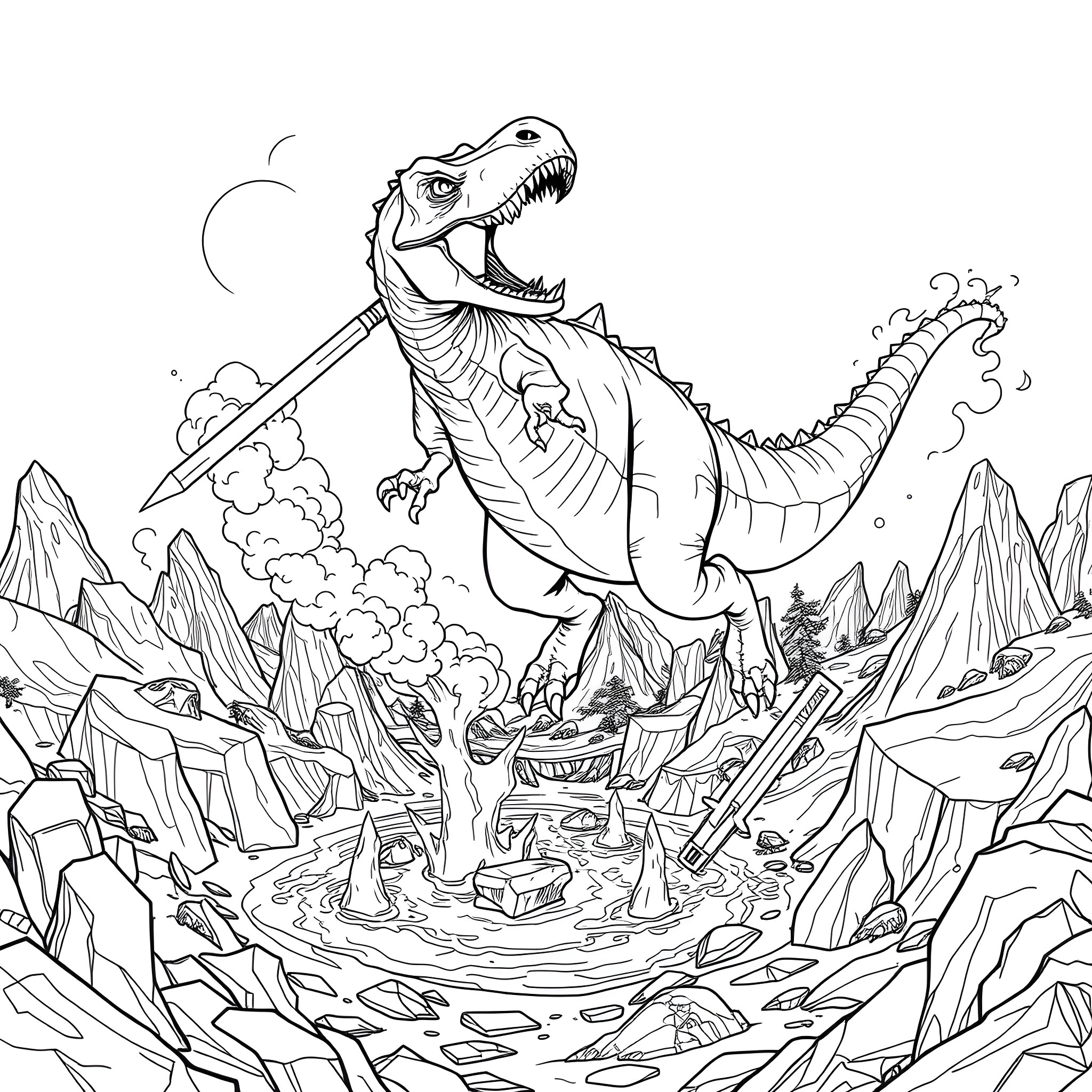 Dinosaur Stomping Through Prehistoric Landscape Coloring Page (free black-and-white line drawing printable PDF for all, from beginners to advanced learners, including children, teens, adults, and seniors)