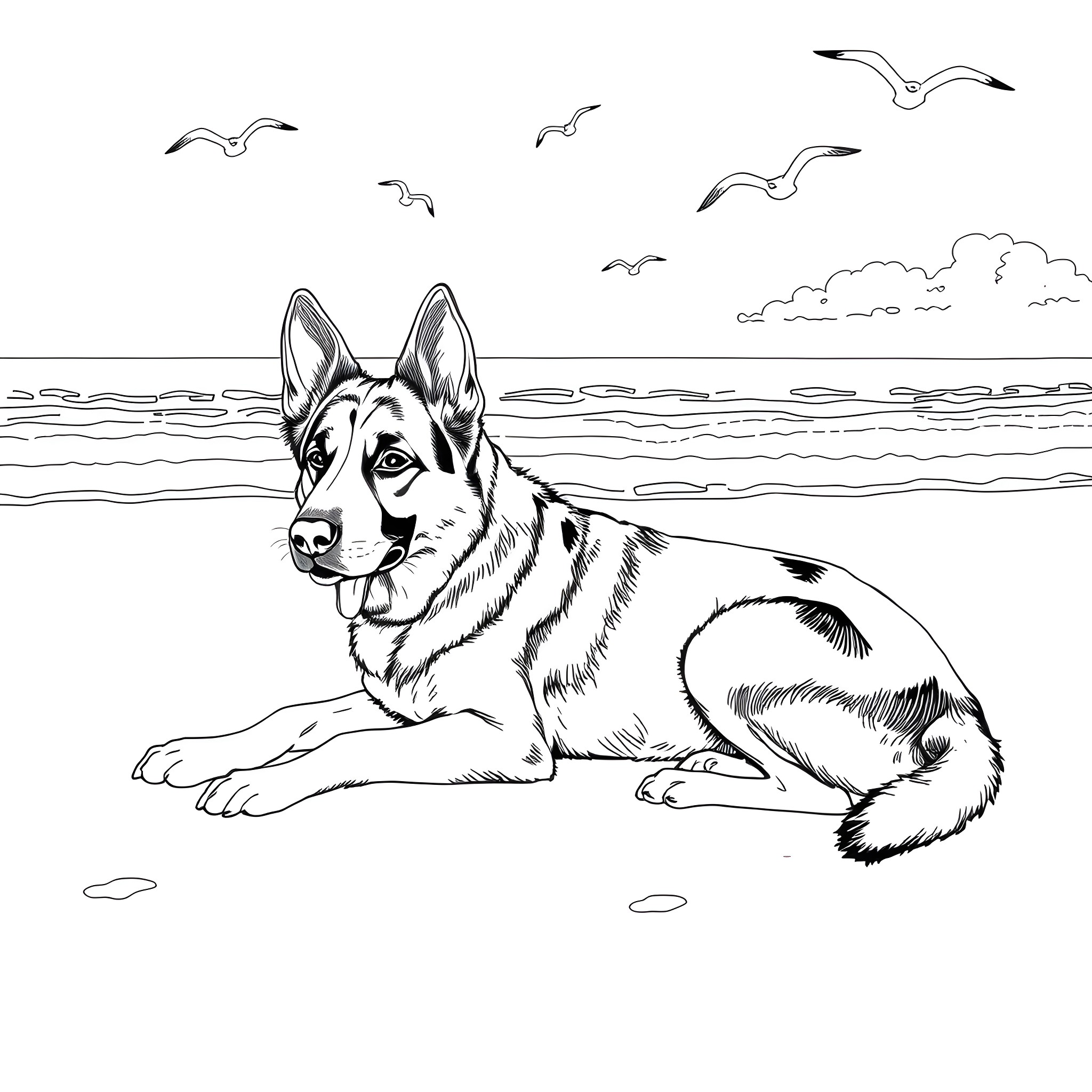 German Shepherd relaxing on the beach Coloring Page (free black-and-white line drawing printable PDF for all, from beginners to advanced learners, including children, teens, adults, and seniors)