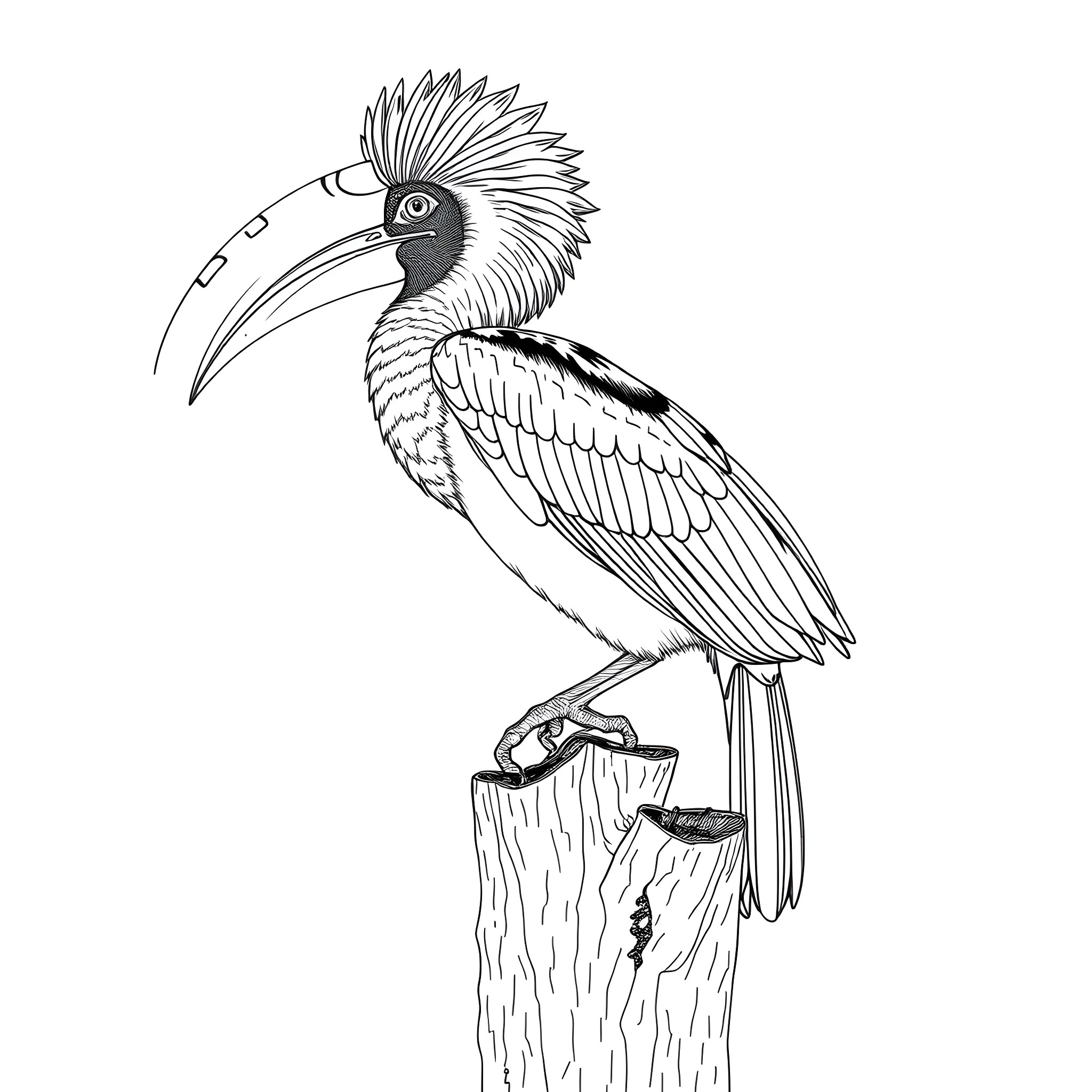 Hornbill perching on a tree stump Coloring Page (free black-and-white line drawing printable PDF for all, from beginners to advanced learners, including children, teens, adults, and seniors)