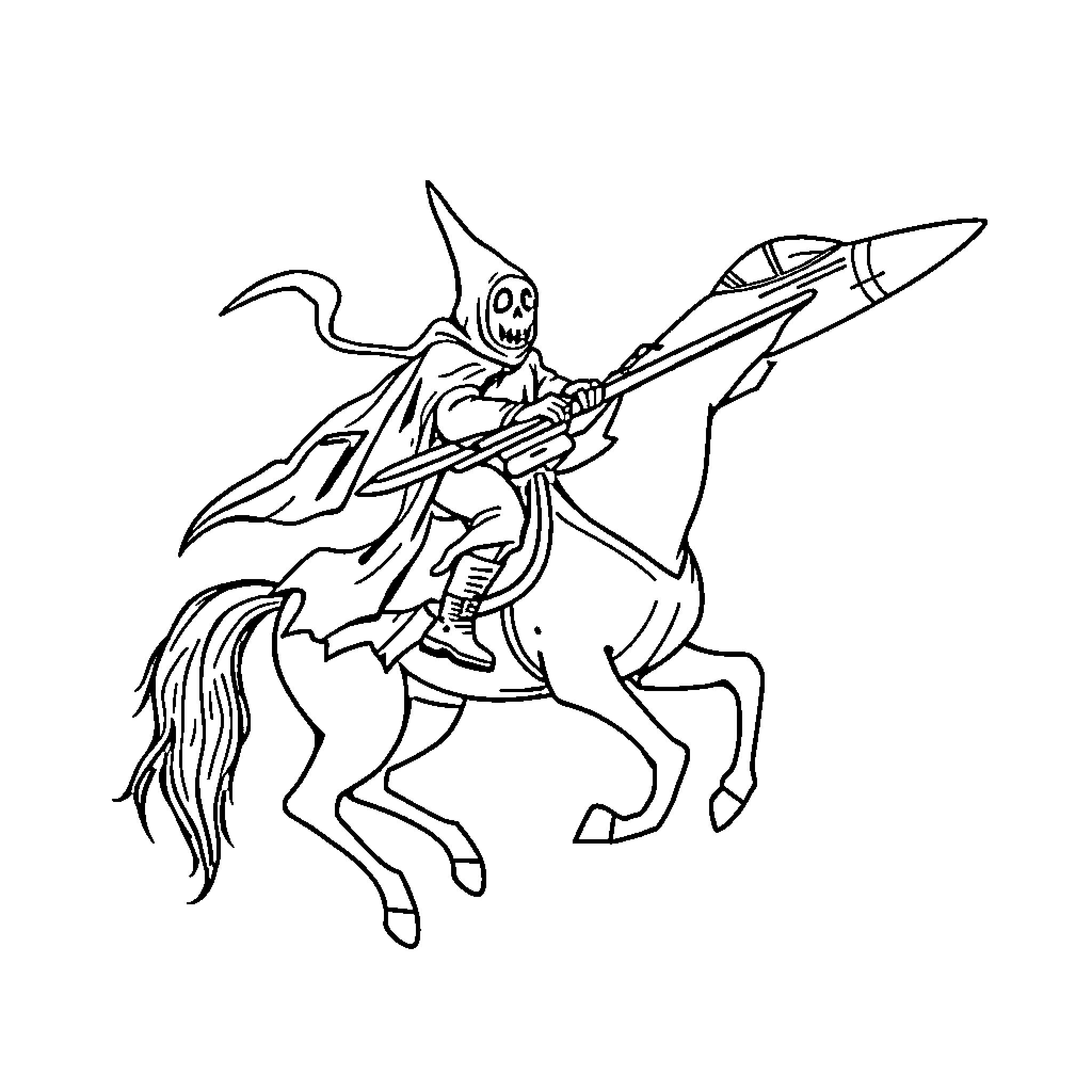 Horse Rider Wielding Weapon on Horseback Coloring Page (free black-and-white line drawing printable PDF for all, from beginners to advanced learners, including children, teens, adults, and seniors)