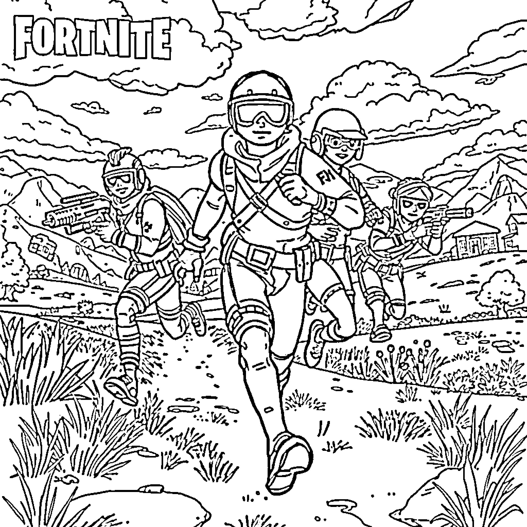 Fortnite characters in action-packed outdoor scene Coloring Page (free black-and-white line drawing printable PDF for all, from beginners to advanced learners, including children, teens, adults, and seniors)