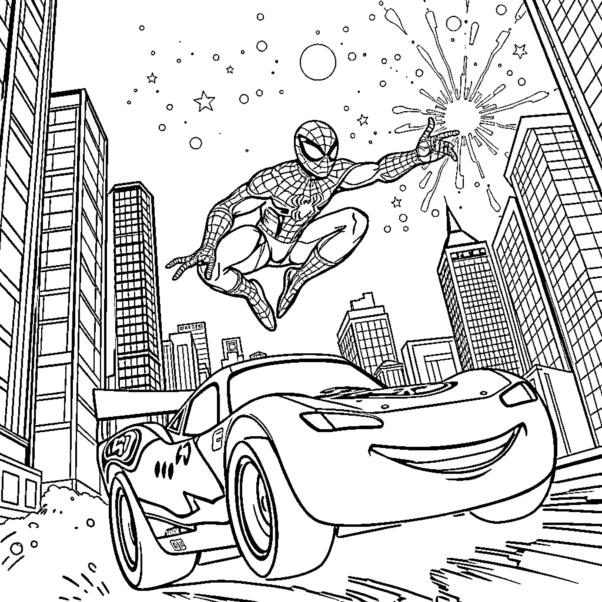 Spidey swinging through the city skyline Coloring Page (free black-and-white line drawing printable PDF for all, from beginners to advanced learners, including children, teens, adults, and seniors)