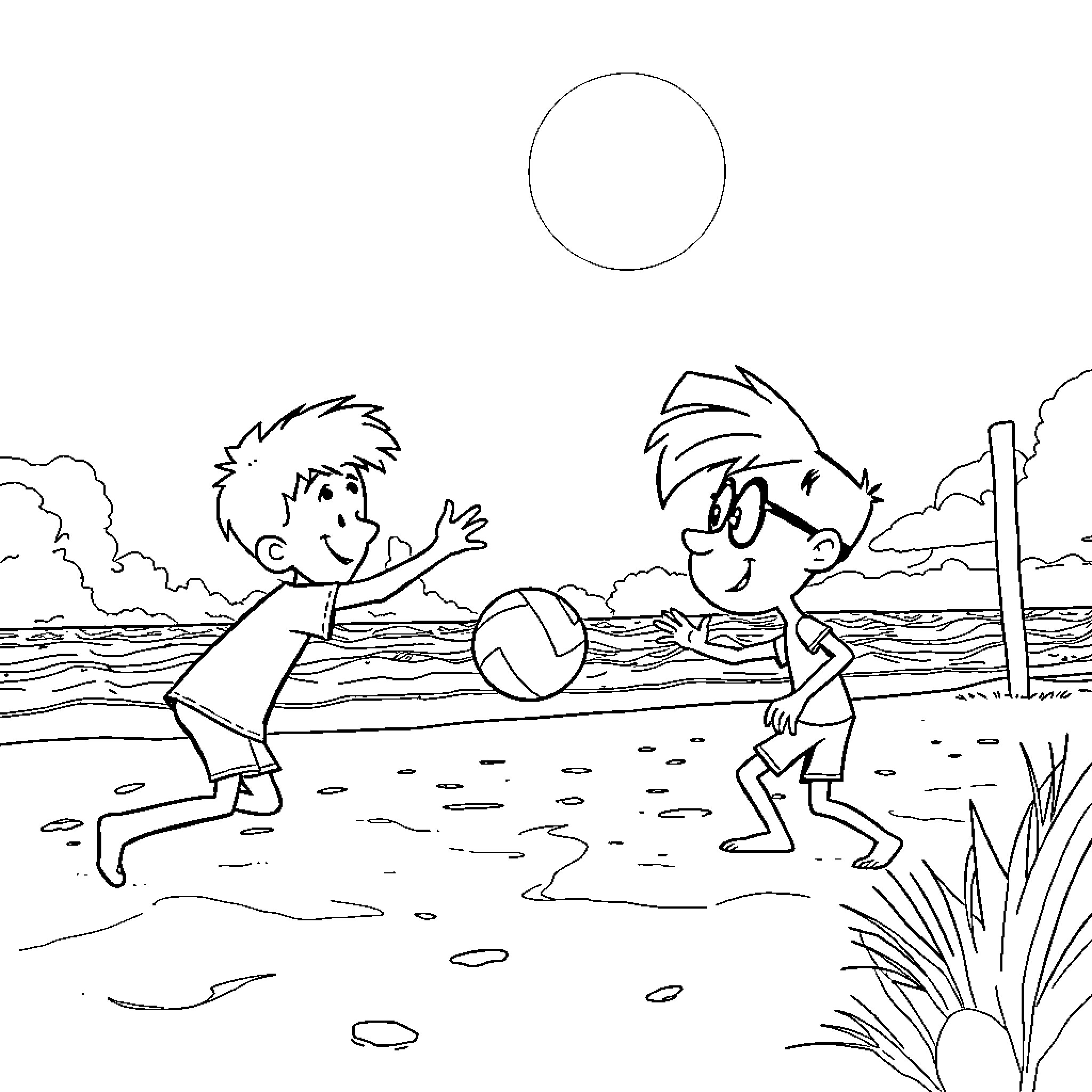 Calvin's beach ball adventure with his friend Coloring Page (free black-and-white line drawing printable PDF for all, from beginners to advanced learners, including children, teens, adults, and seniors)
