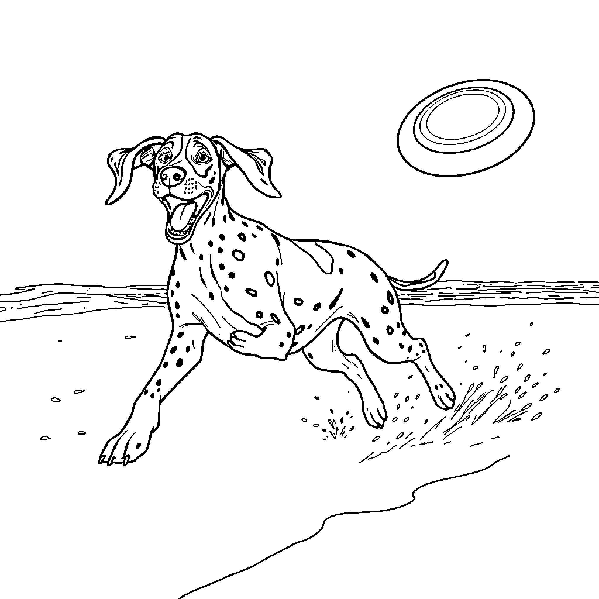 Dog playing with frisbee on the beach Coloring Page (free black-and-white line drawing printable PDF for all, from beginners to advanced learners, including children, teens, adults, and seniors)