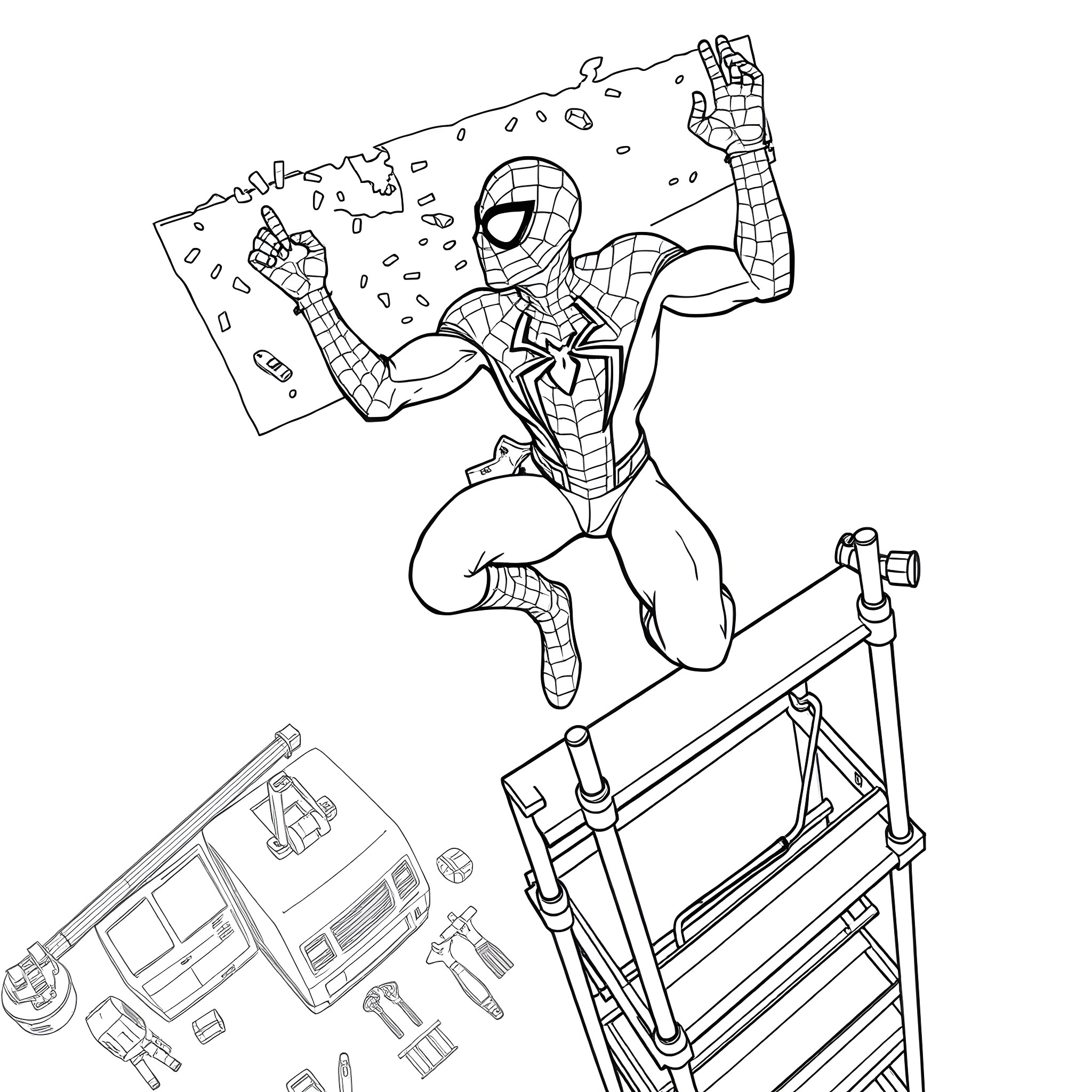 Spider-Man swinging through the city with action and excitement Coloring Page (free black-and-white line drawing printable PDF for all, from beginners to advanced learners, including children, teens, adults, and seniors)