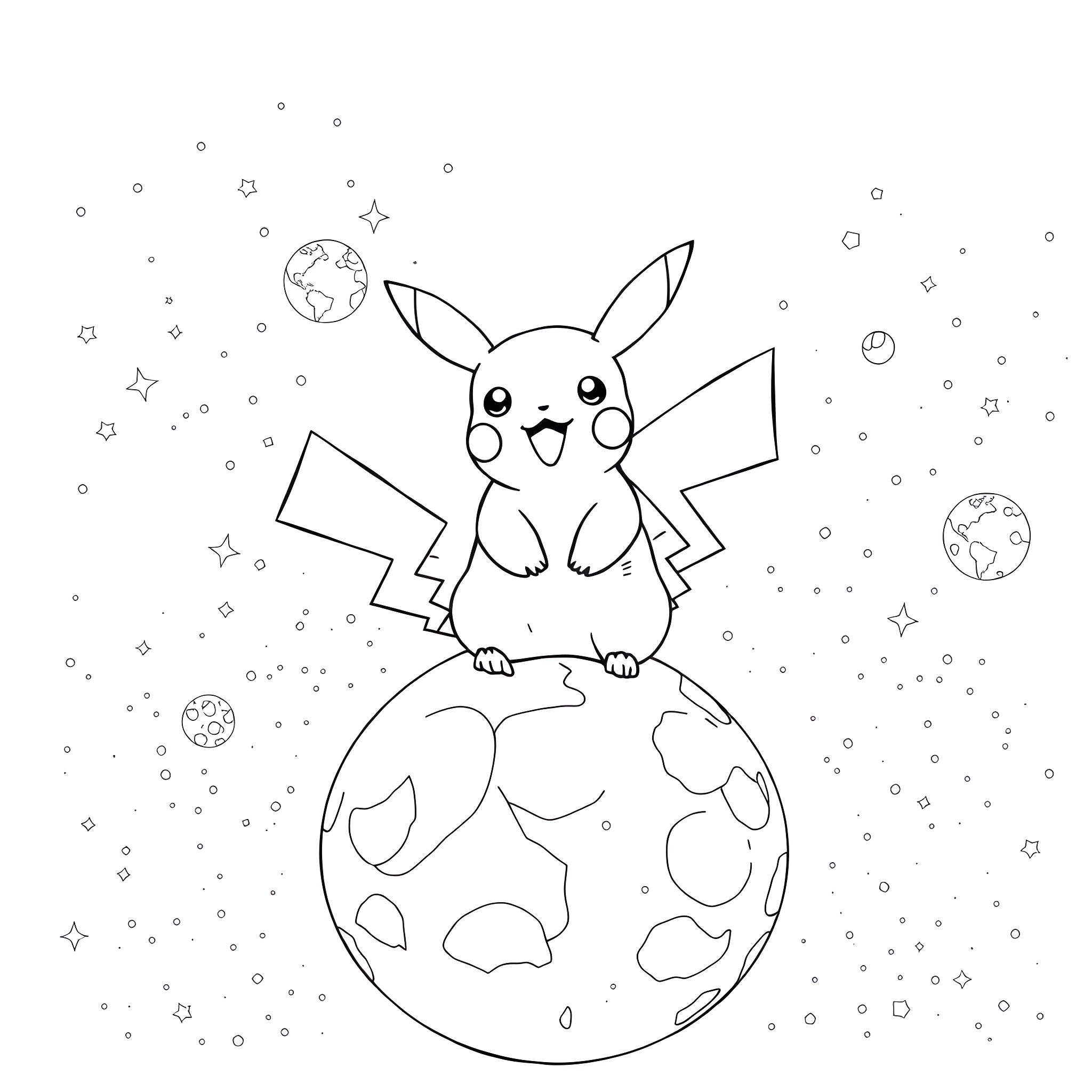 Pikachu exploring the cosmic world Coloring Page (free black-and-white line drawing printable PDF for all, from beginners to advanced learners, including children, teens, adults, and seniors)