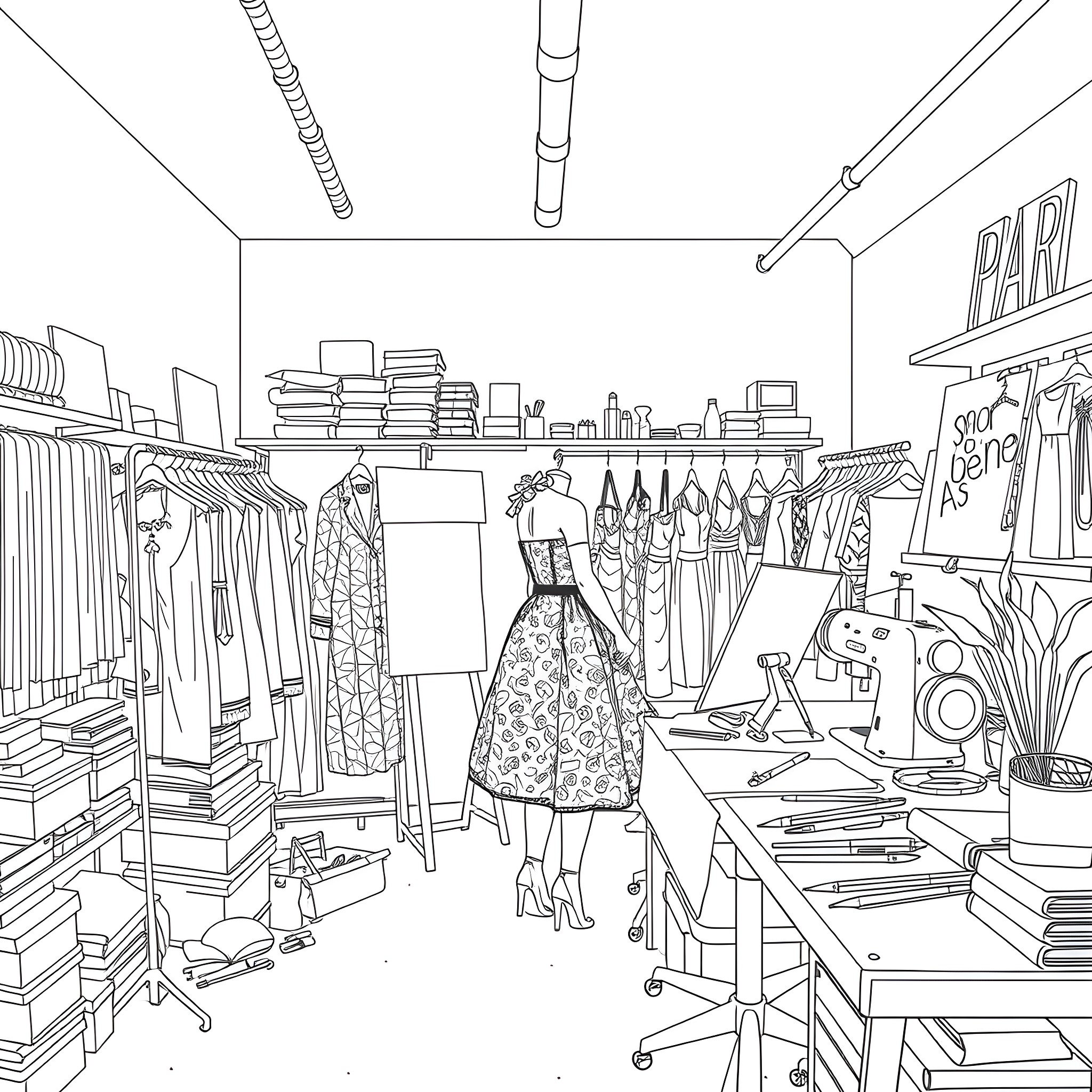 Clothing Design Studio with Fashionable Outfits Coloring Page (free black-and-white line drawing printable PDF for all, from beginners to advanced learners, including children, teens, adults, and seniors)