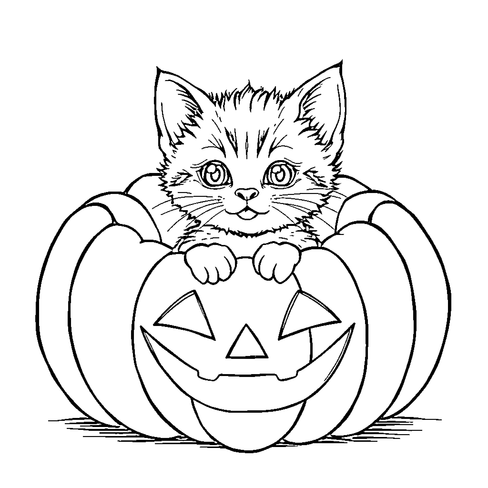 Kitten peeking out from Halloween pumpkin Coloring Page (free black-and-white line drawing printable PDF for all, from beginners to advanced learners, including children, teens, adults, and seniors)