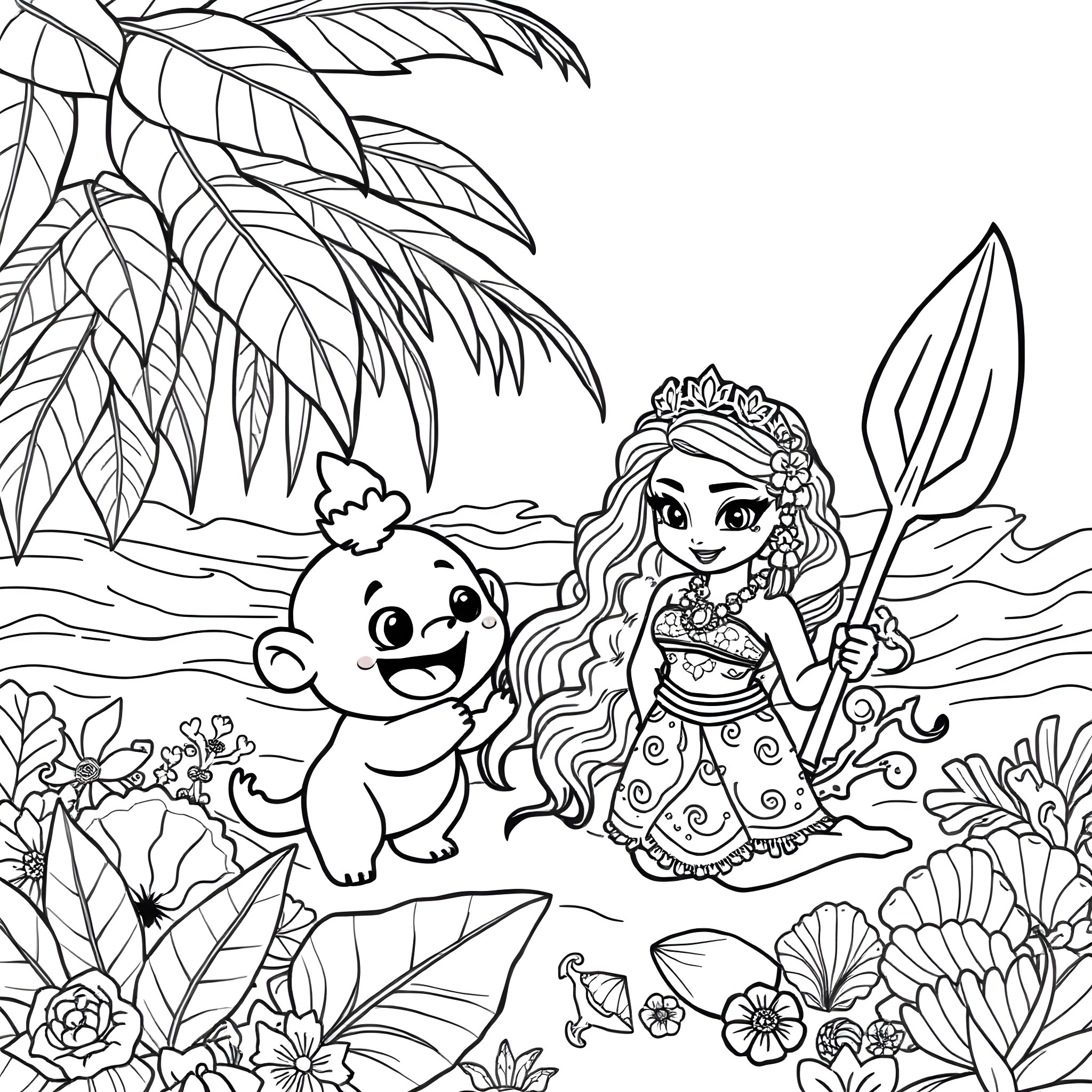 Lol Doll friends in a tropical paradise Coloring Page (free black-and-white line drawing printable PDF for all, from beginners to advanced learners, including children, teens, adults, and seniors)