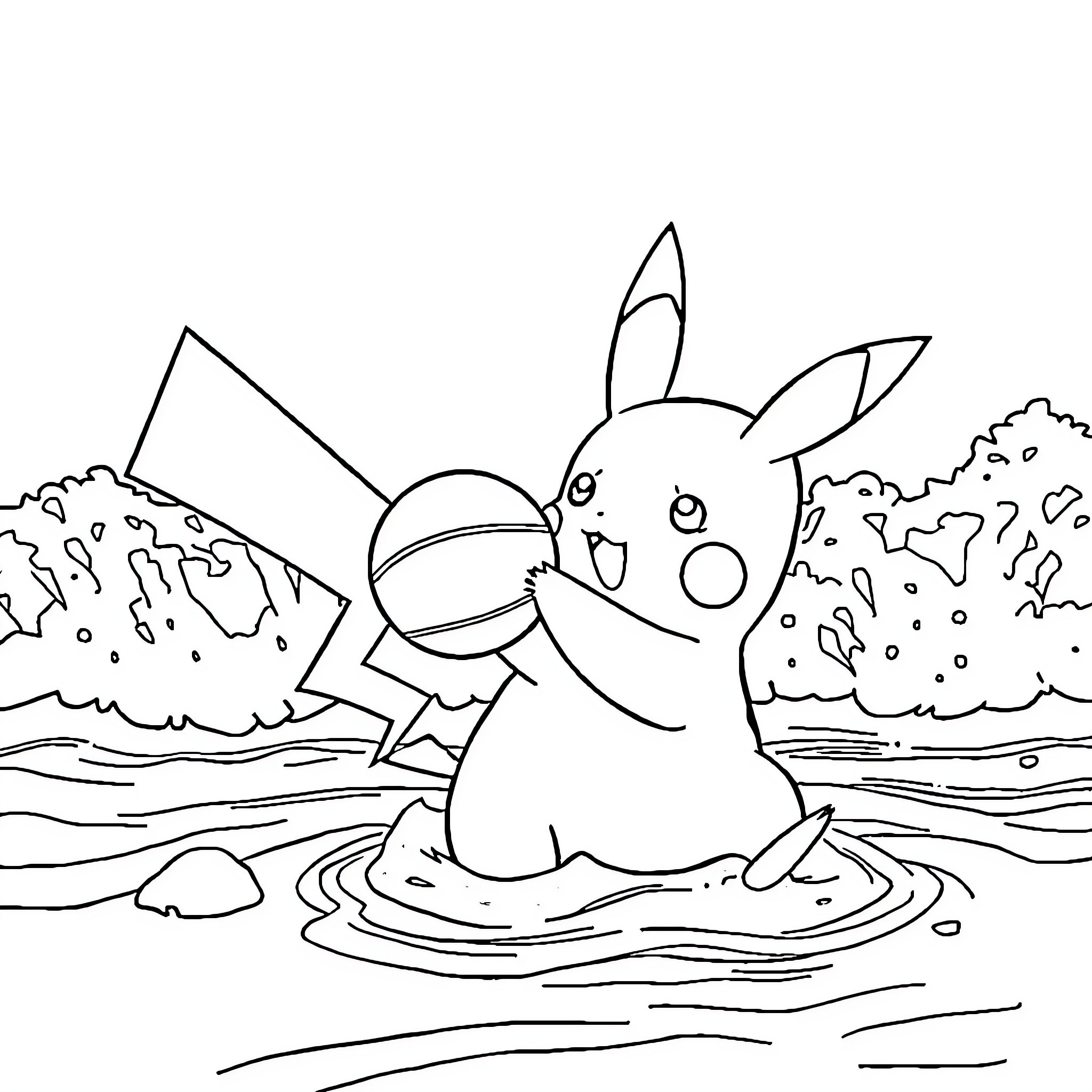 Pikachu enjoying a refreshing swim in the pond Coloring Page (free black-and-white line drawing printable PDF for all, from beginners to advanced learners, including children, teens, adults, and seniors)