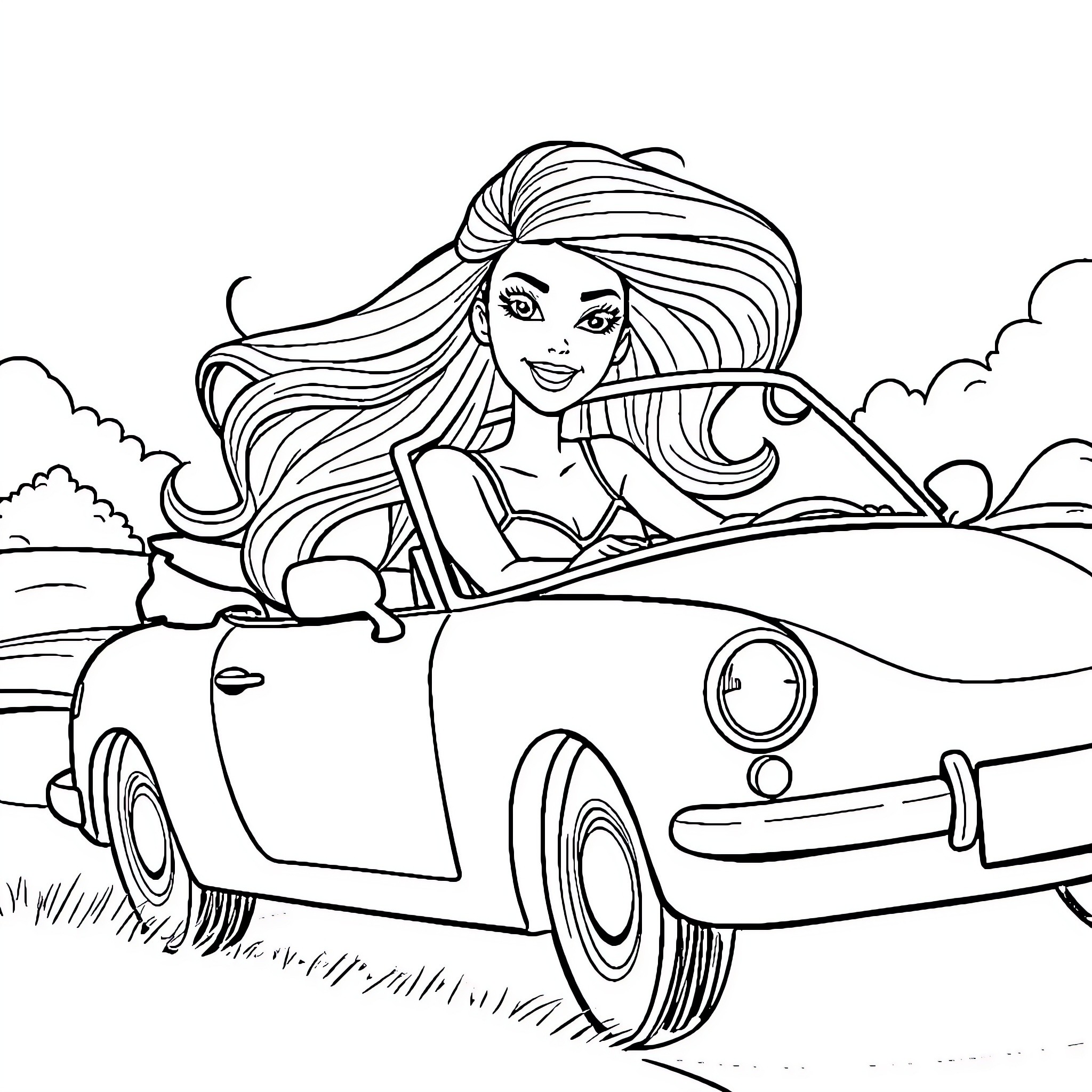 Barbie driving a convertible car in the countryside Coloring Page (free black-and-white line drawing printable PDF for all, from beginners to advanced learners, including children, teens, adults, and seniors)