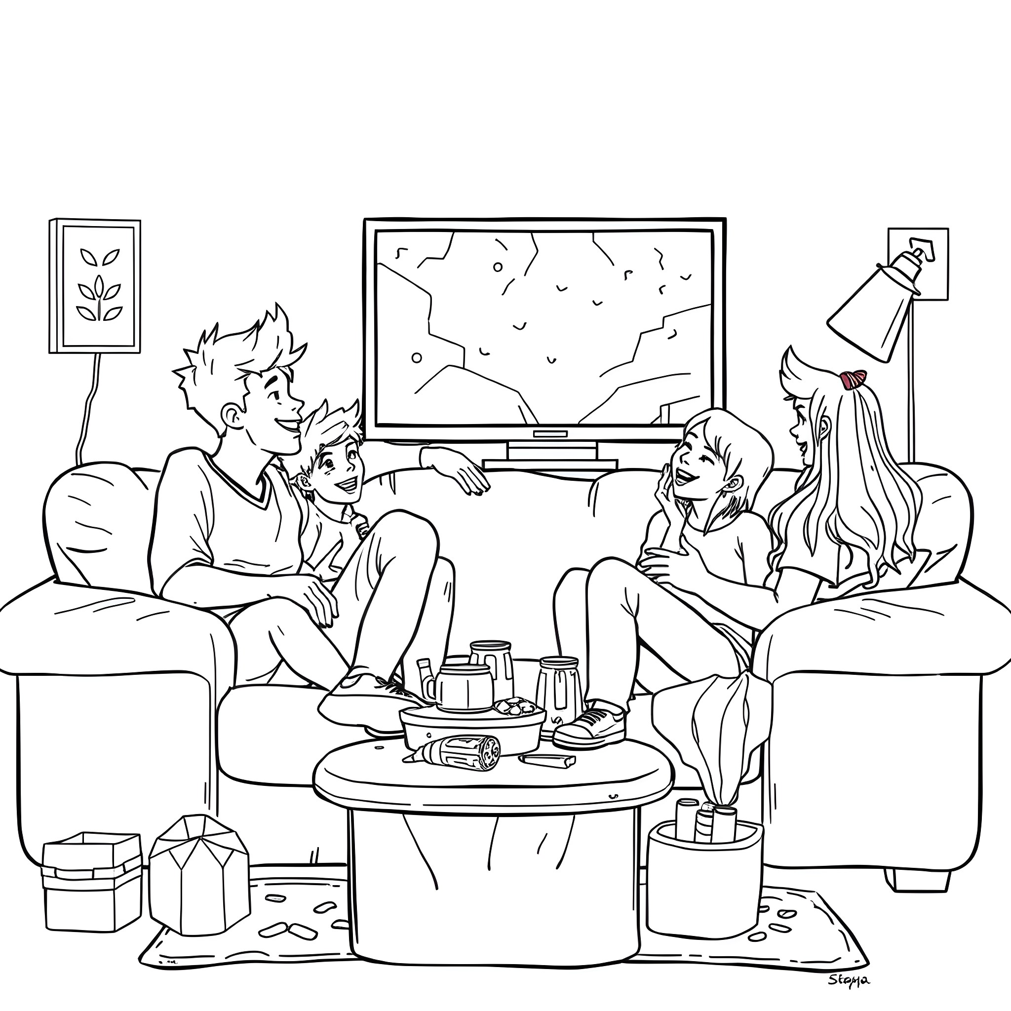 Stray Kids enjoying casual time together Coloring Page (free black-and-white line drawing printable PDF for all, from beginners to advanced learners, including children, teens, adults, and seniors)