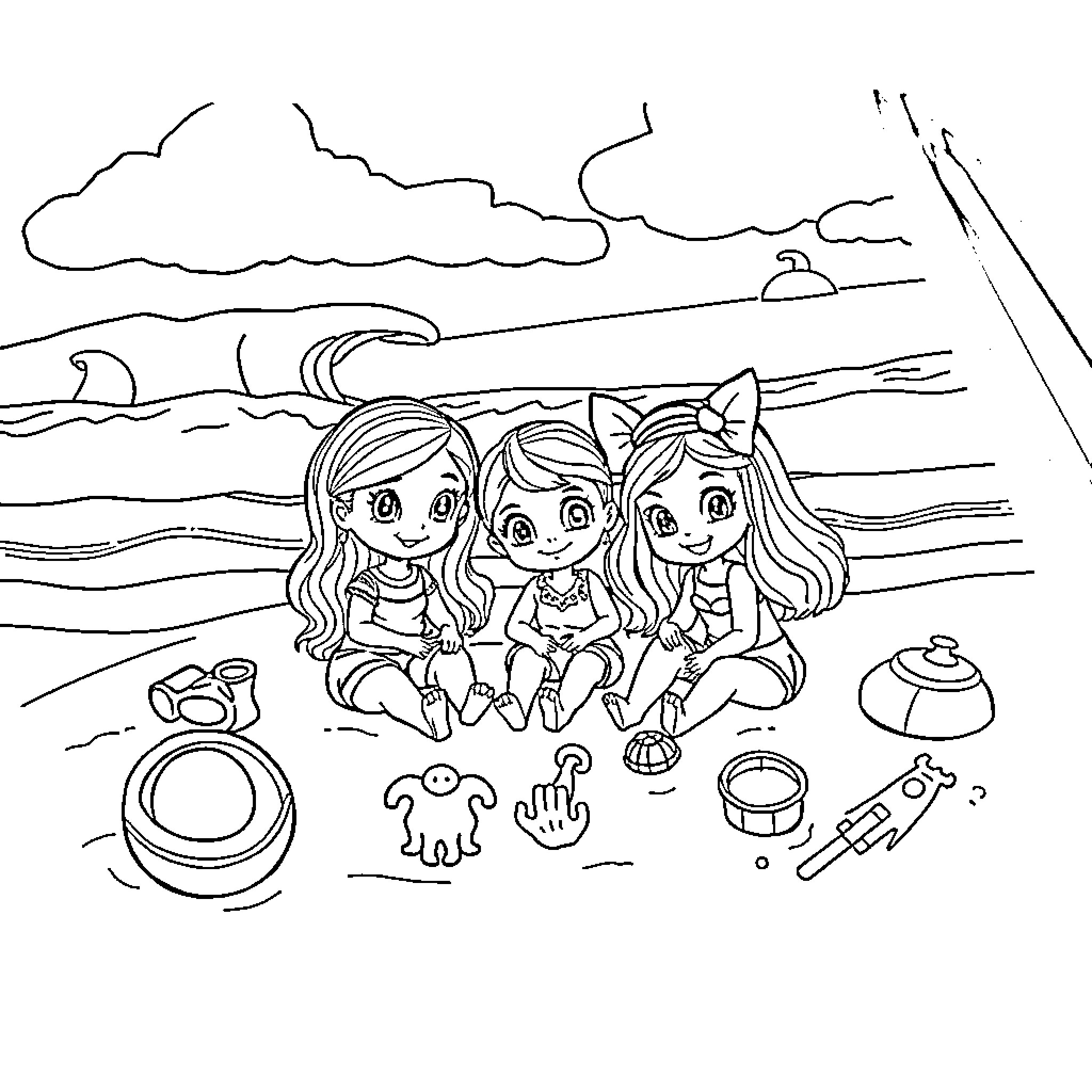 Gabby's Dollhouse - Girls playing with toys at the beach Coloring Page (free black-and-white line drawing printable PDF for all, from beginners to advanced learners, including children, teens, adults, and seniors)