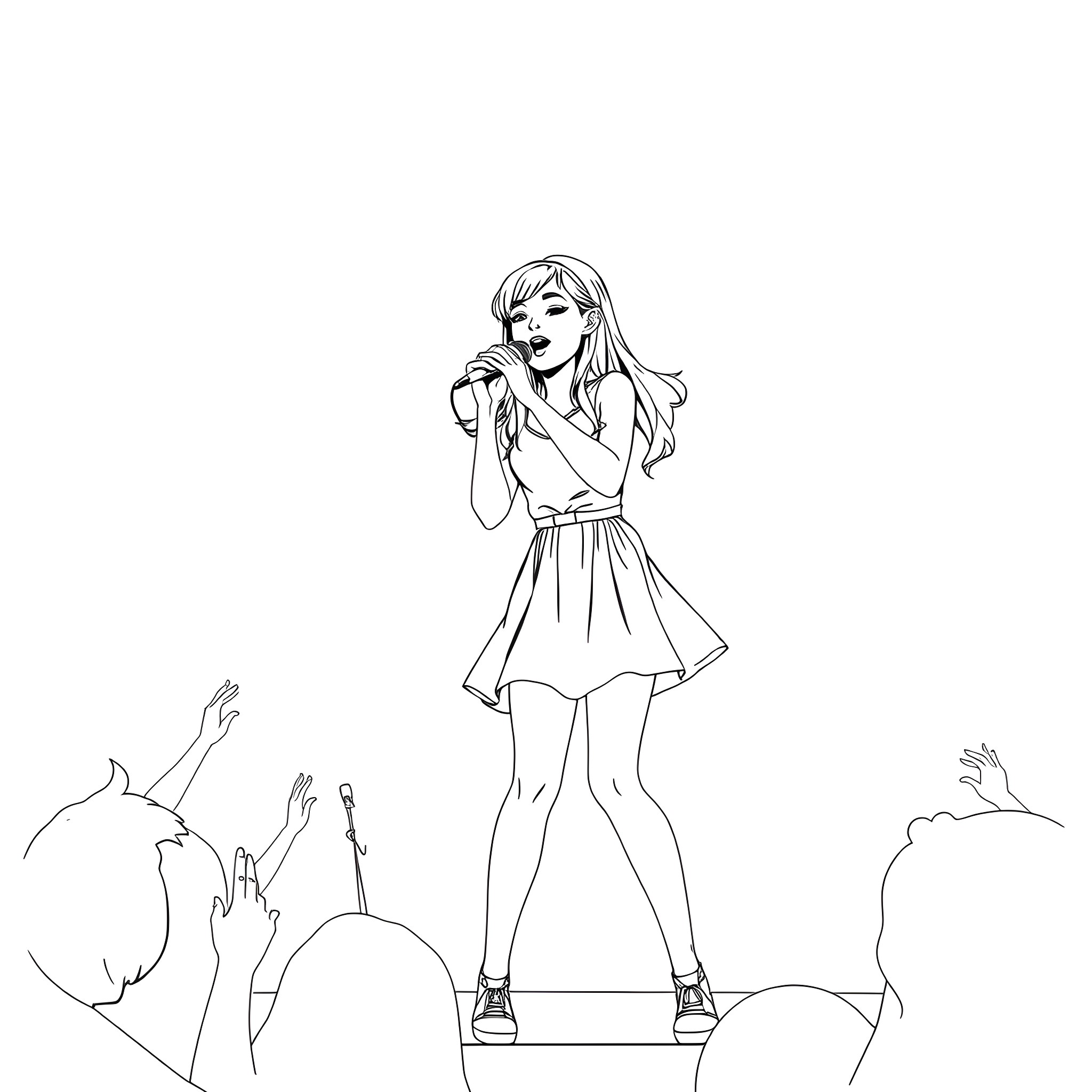 Teen Girl Performing on Stage with Audience Coloring Page (free black-and-white line drawing printable PDF for all, from beginners to advanced learners, including children, teens, adults, and seniors)