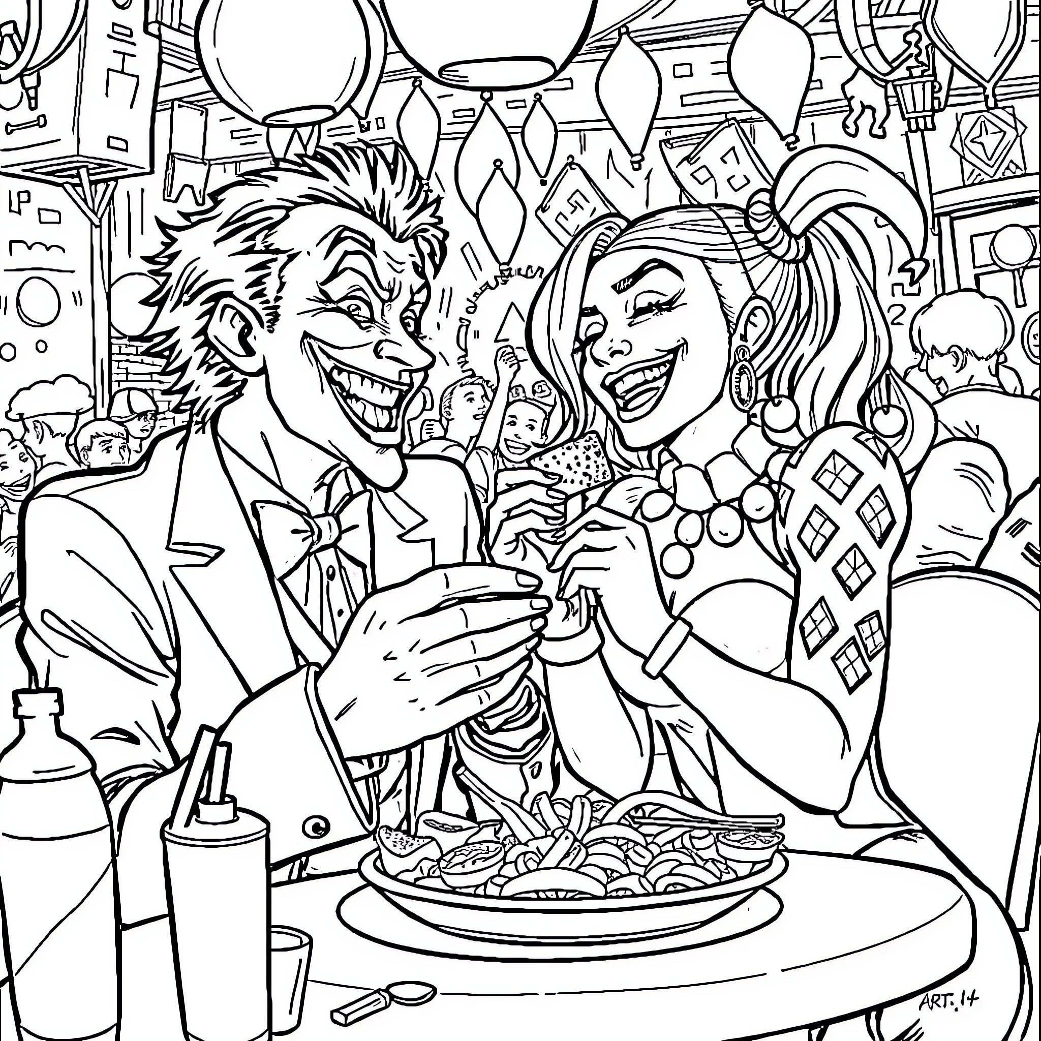 Joker and Harley Quinn enjoying a meal together Coloring Page (free black-and-white line drawing printable PDF for all, from beginners to advanced learners, including children, teens, adults, and seniors)