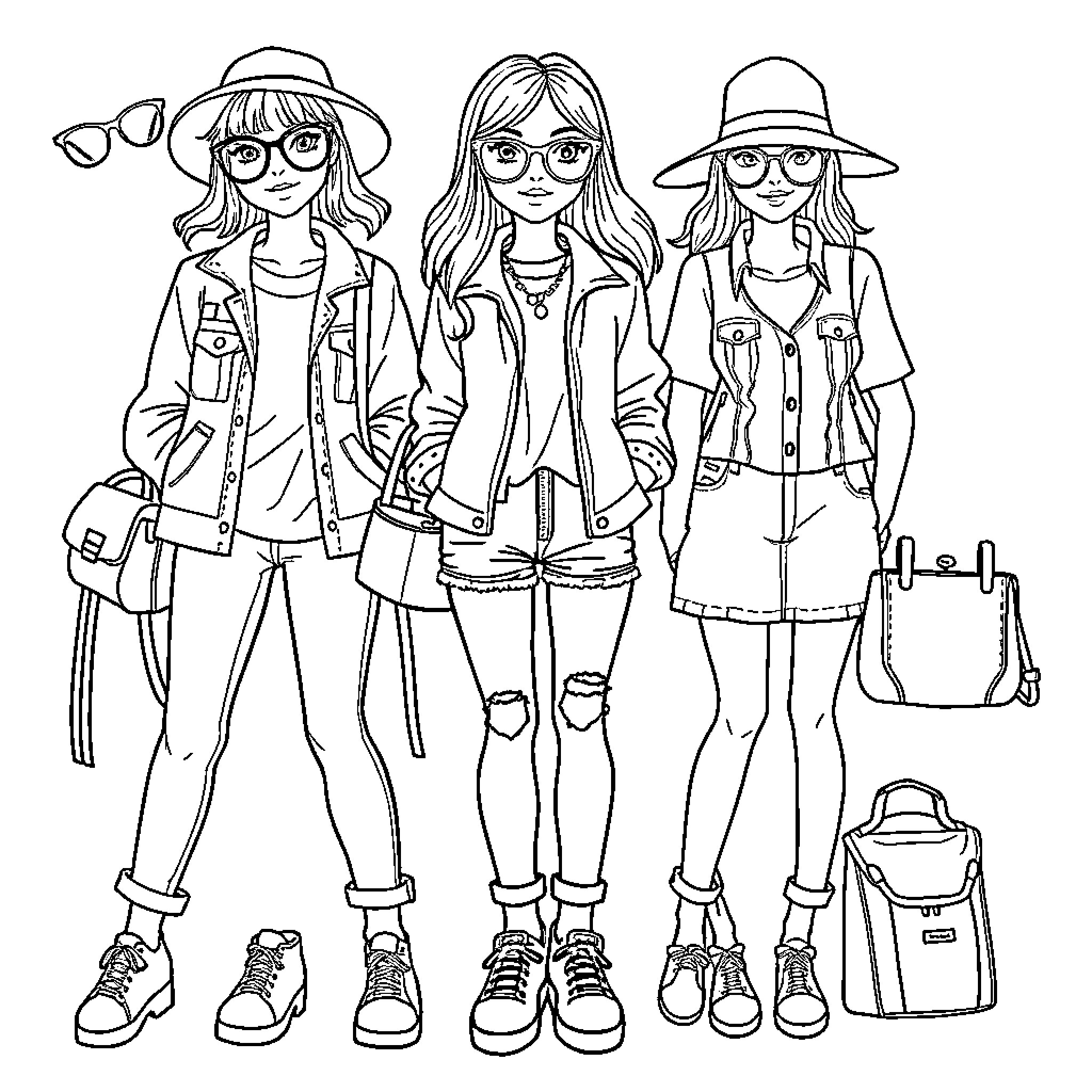 Girls in trendy casual outfits on a trip Coloring Page (free black-and-white line drawing printable PDF for all, from beginners to advanced learners, including children, teens, adults, and seniors)