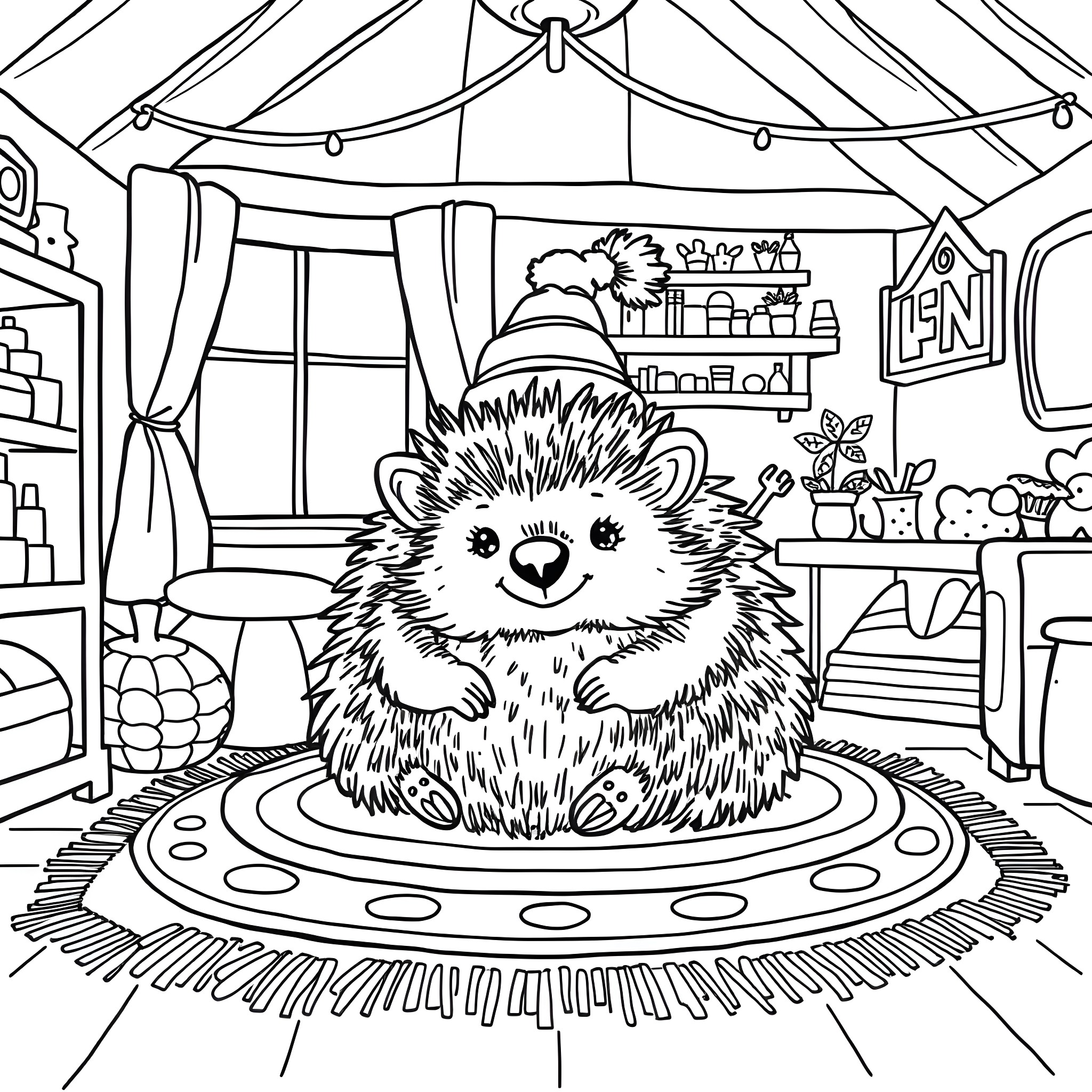 Hedgehog enjoying a cozy den Coloring Page (free black-and-white line drawing printable PDF for all, from beginners to advanced learners, including children, teens, adults, and seniors)
