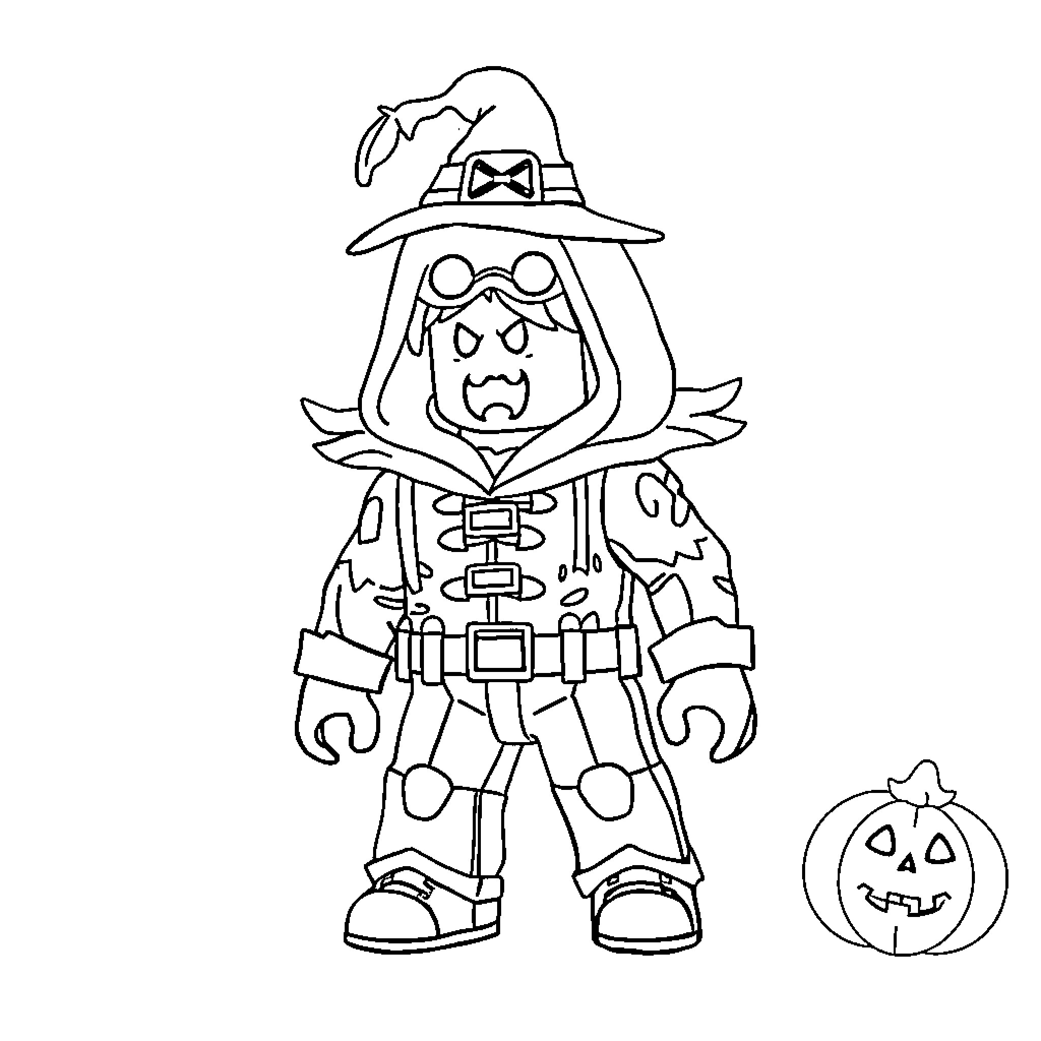 ROBLOX Man in Spooky Halloween Costume Coloring Page (free black-and-white line drawing printable PDF for all, from beginners to advanced learners, including children, teens, adults, and seniors)