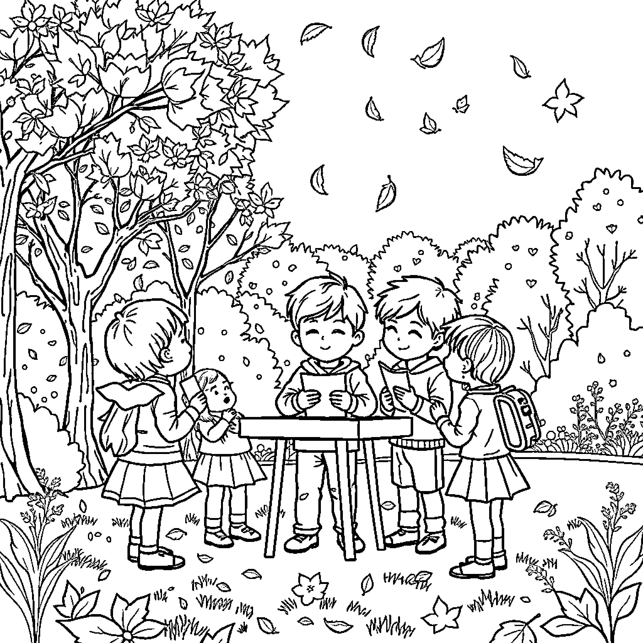 Leaf children playing in the autumn park Coloring Page (free black-and-white line drawing printable PDF for all, from beginners to advanced learners, including children, teens, adults, and seniors)