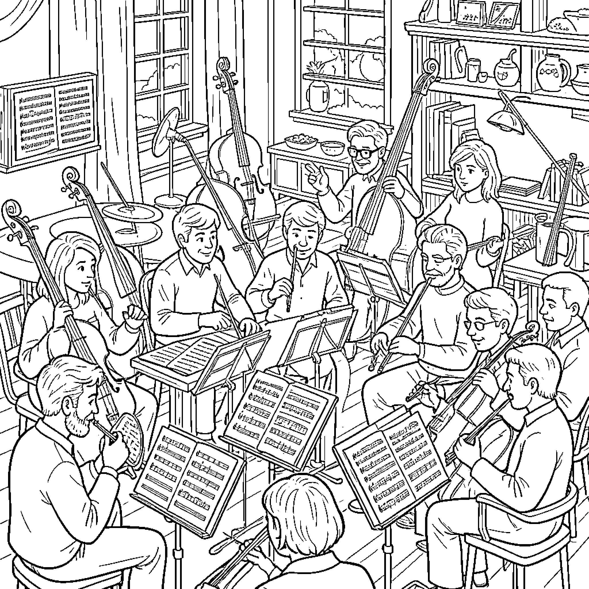Music ensemble performing together in a studio setting Coloring Page (free black-and-white line drawing printable PDF for all, from beginners to advanced learners, including children, teens, adults, and seniors)